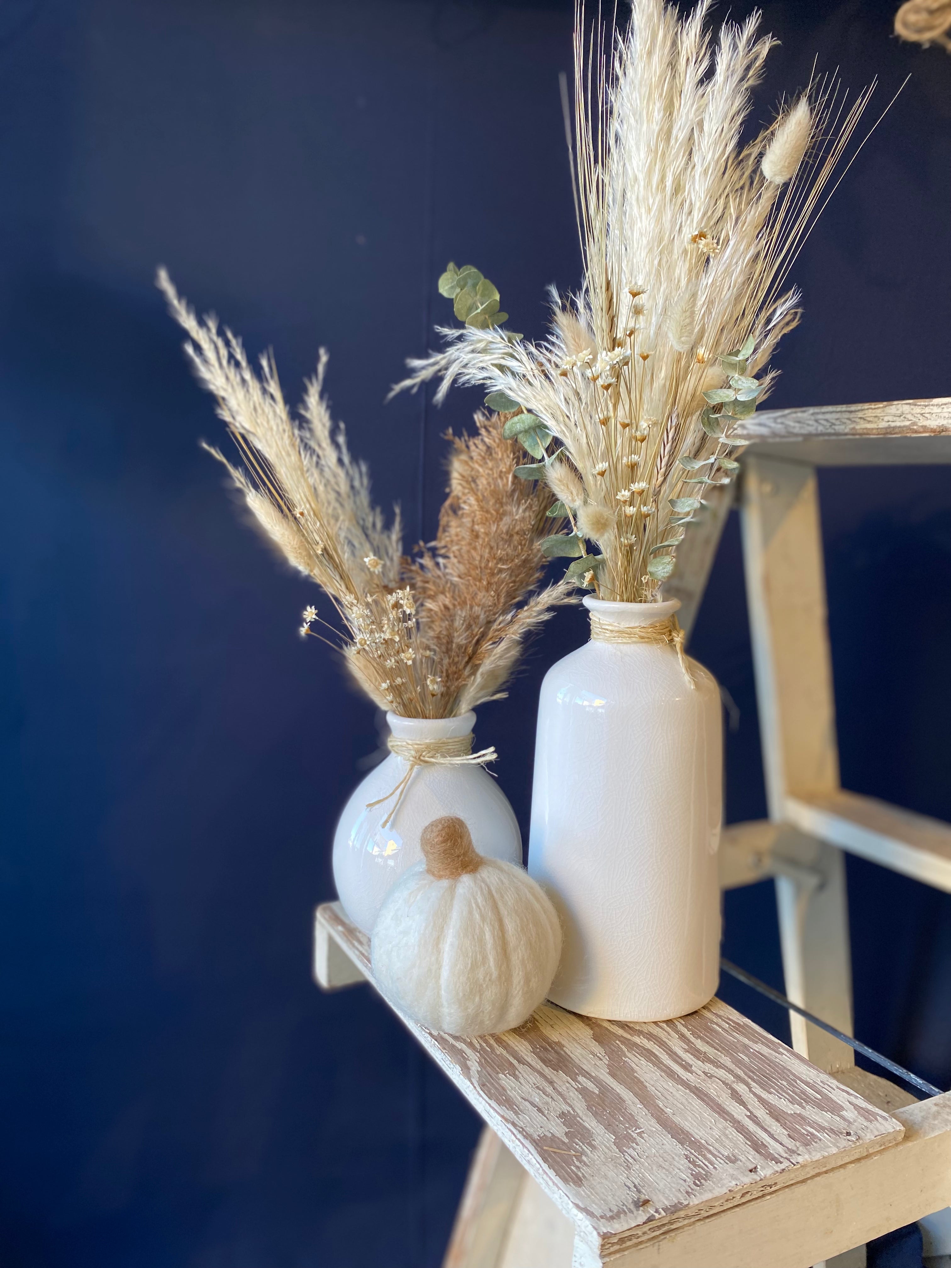 Premium Dried Seasonal Blooms & Grasses in White Ceramic Vase - Fall Home Decor, Wedding Centerpiece, Boho Table Decor, Farmhouse Aesthetic