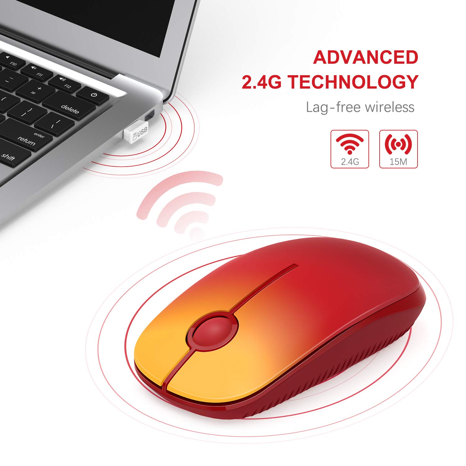 Unipows 2.4G Wireless Mouse - Ultra Slim Silent Optical Mouse with Nano Receiver for Laptop, PC, Mac | Portable Computer Mouse for Office, Travel & Home Use | Gradient Yellow to Red Design