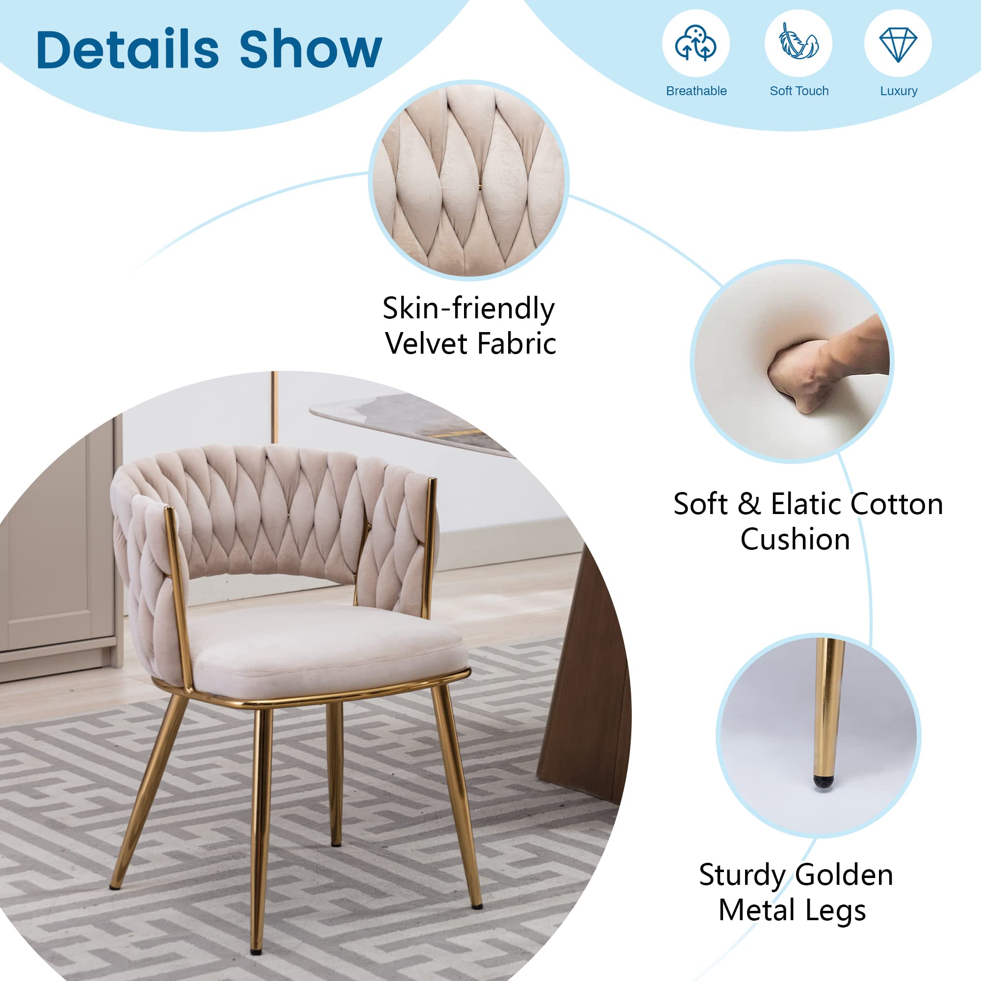 KCC Modern Velvet Dining Chairs Set of 2 - Mid-Century Upholstered Living Room Chairs with Woven Back & Gold Metal Legs - Beige Accent Side Chairs for Dining Room, Kitchen, Office & Home Decor