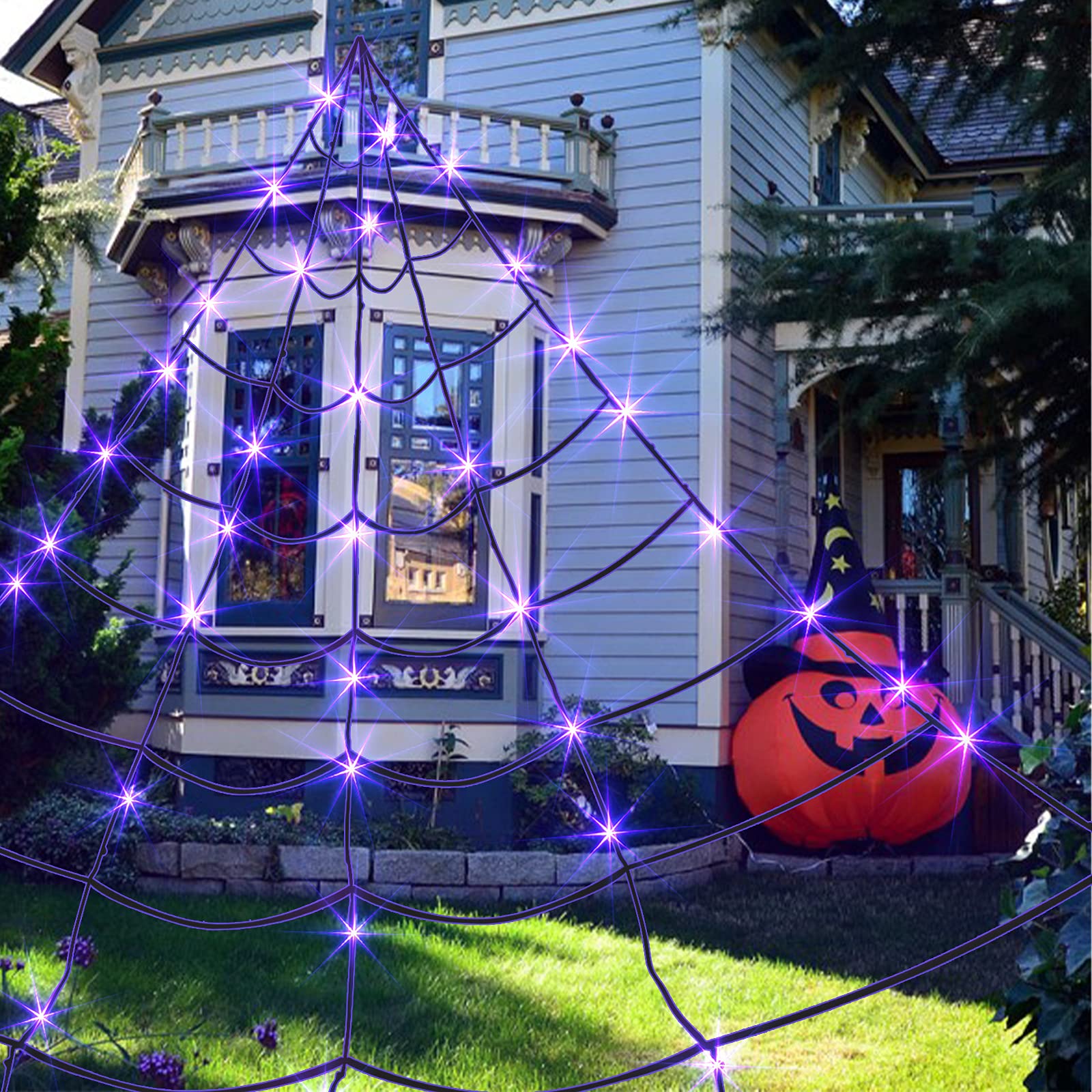 Vanthylit 16FT Giant Halloween Spider Web Lights with 135 LED Purple Bulbs - Outdoor Halloween Decorations for Party, Yard, Haunted House | Perfect for Halloween Party Decor, Front Porch Display, and Spooky Backyard Lighting