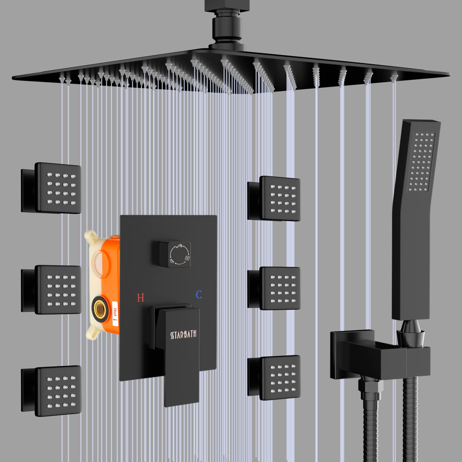 STARBATH Matte Black Shower System - 10 Inch Rain Shower Head with 6 Body Jets & Handheld Shower Faucet Set - Ceiling Mount Luxury High Pressure Shower Mixer Combo with Valve - Perfect for Modern Bathroom Renovation & Spa-Like Shower Experience