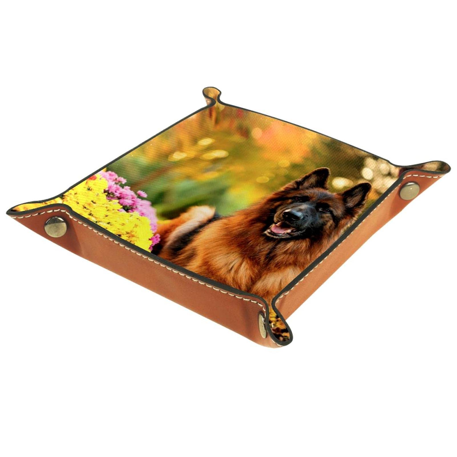 German Shepherd Travel Valet Tray - Leather Bedside Organizer for Keys, Wallet, Jewelry & Coins | Perfect for Nightstand, Dresser & Entryway Storage