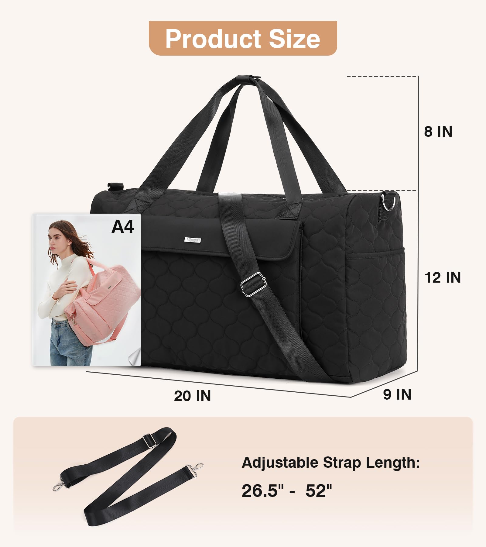 Marvolia Women's Travel Duffle Bag - Large Weekender Overnight Bag with Wet Pocket for Gym, Hospital, Labor & Delivery - Perfect Carry-On for Air Travel, Weekend Getaways & Workouts - Black