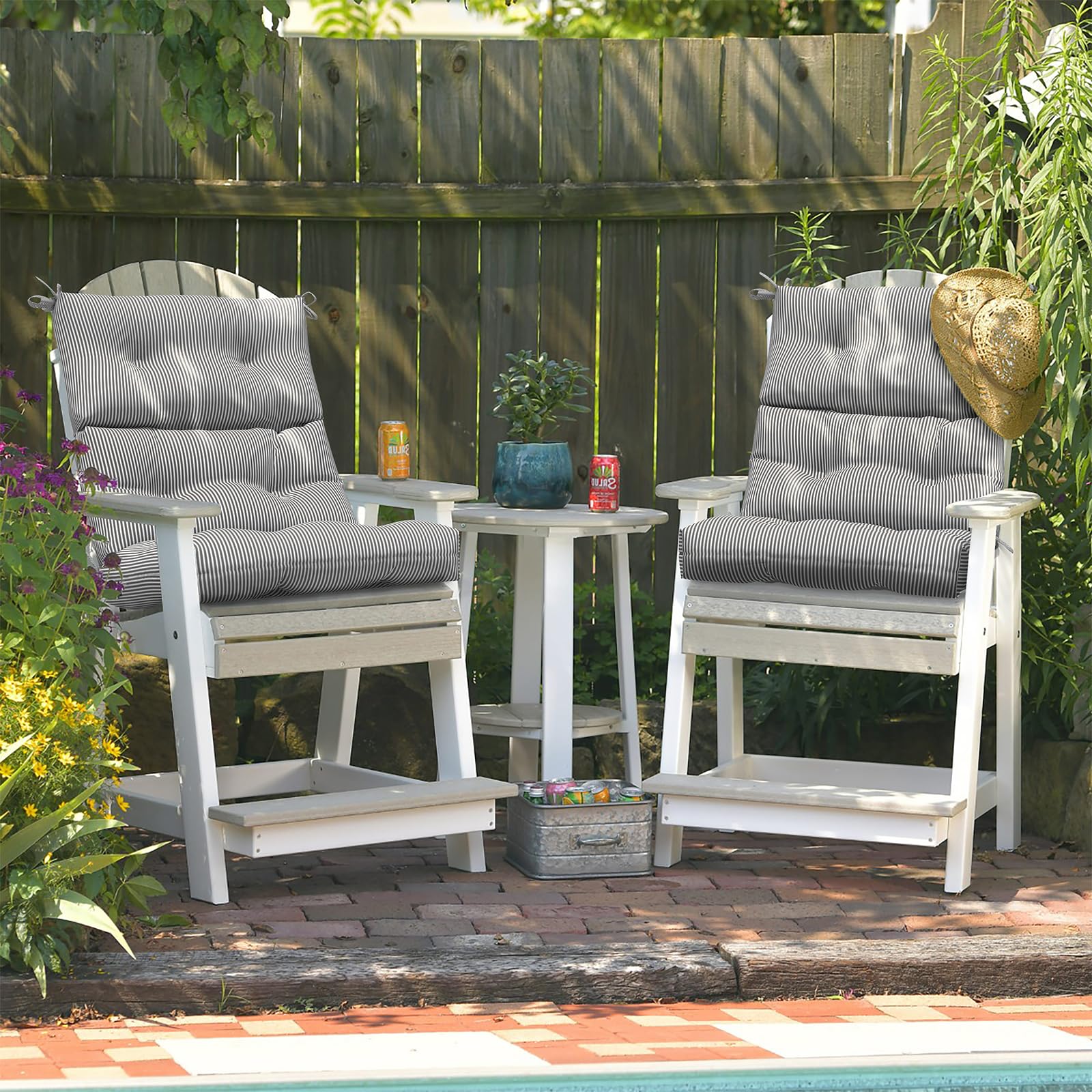 LVTXIII 44x22-inch Outdoor High Back Chair Cushions Set of 2 - Tufted Adirondack Rocking Chair Seat Cushions with Ties, Waterproof & Durable Patio Furniture Cushions in Striped Grey - Perfect for Deck, Porch, Garden and Poolside Relaxation