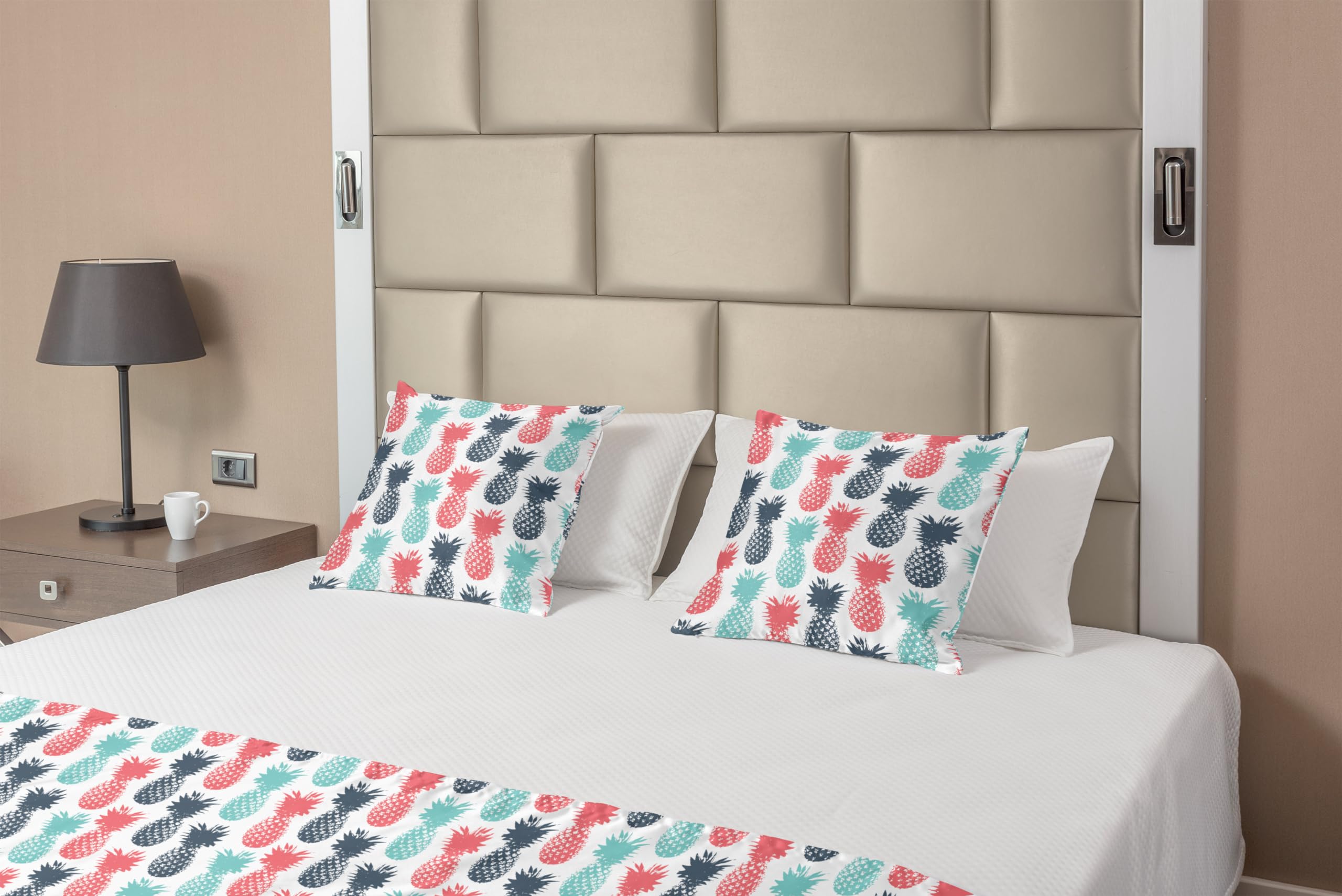 Ambesonne Pineapple Bed Runner Set - Tropical Pineapple Fruit Pattern, Decorative Bedding Scarf with 2 Pillow Shams for Home & Hotel Decor in Turquoise Coral White | Perfect for Beach House, Summer Bedroom & Boho Chic Interior Design