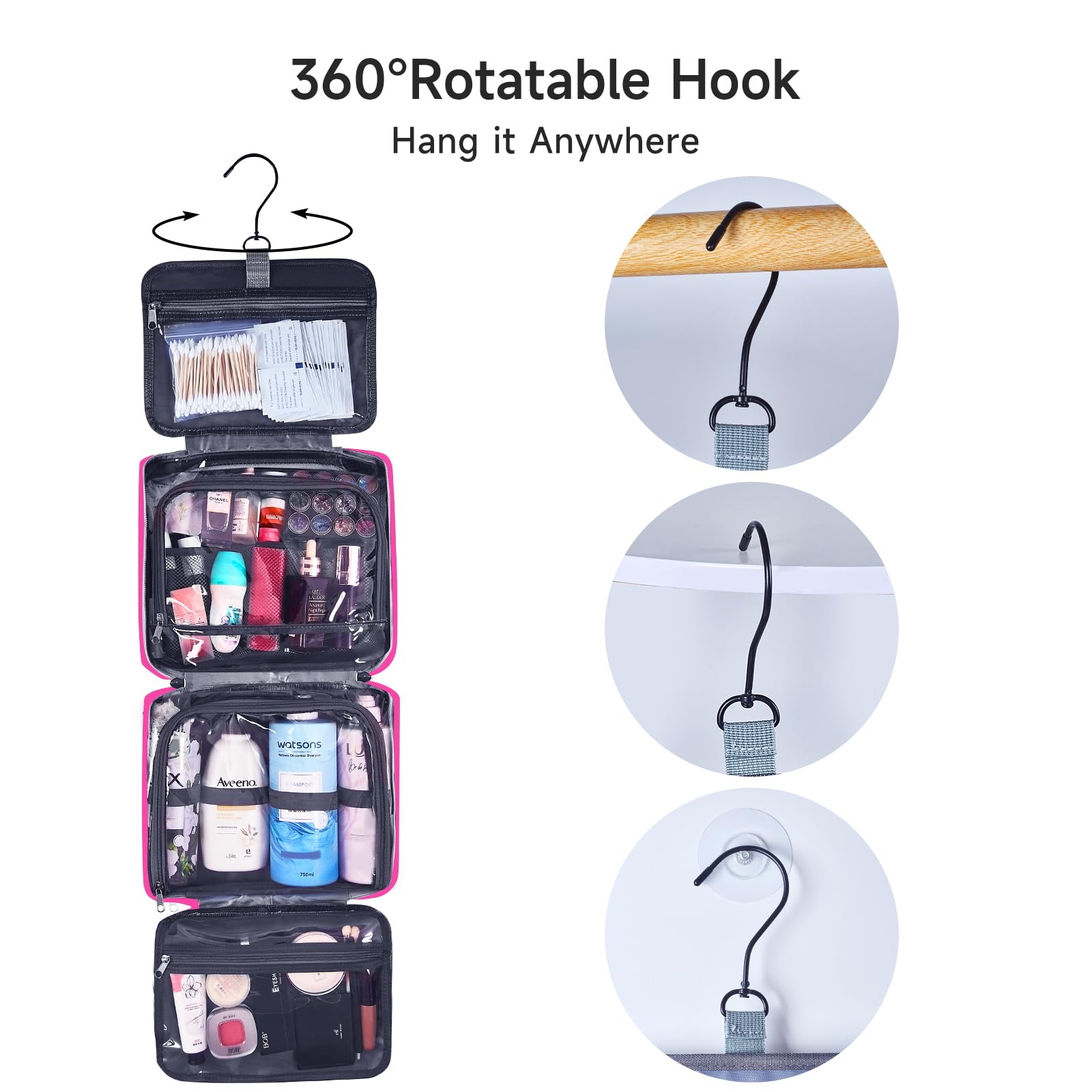 Hanging Travel Toiletry Bag for Women - Waterproof Cosmetic Organizer with Hook for Makeup & Accessories - Large Hot Pink Toiletry Bag (Ideal for Travel, Gym & Daily Use)
