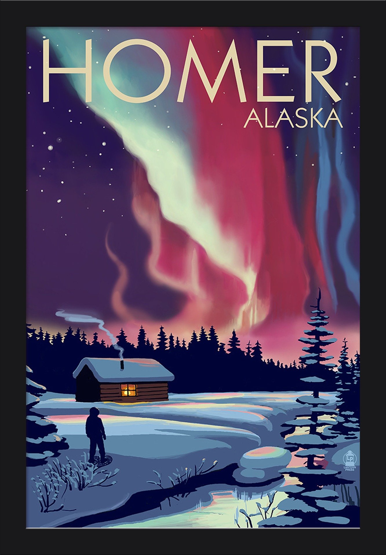 16x24 Giclee Fine Art Print of Homer Alaska Northern Lights & Cabin - Recycled Wood Frame in Black - Perfect for Living Room, Bedroom or Office Wall Decor