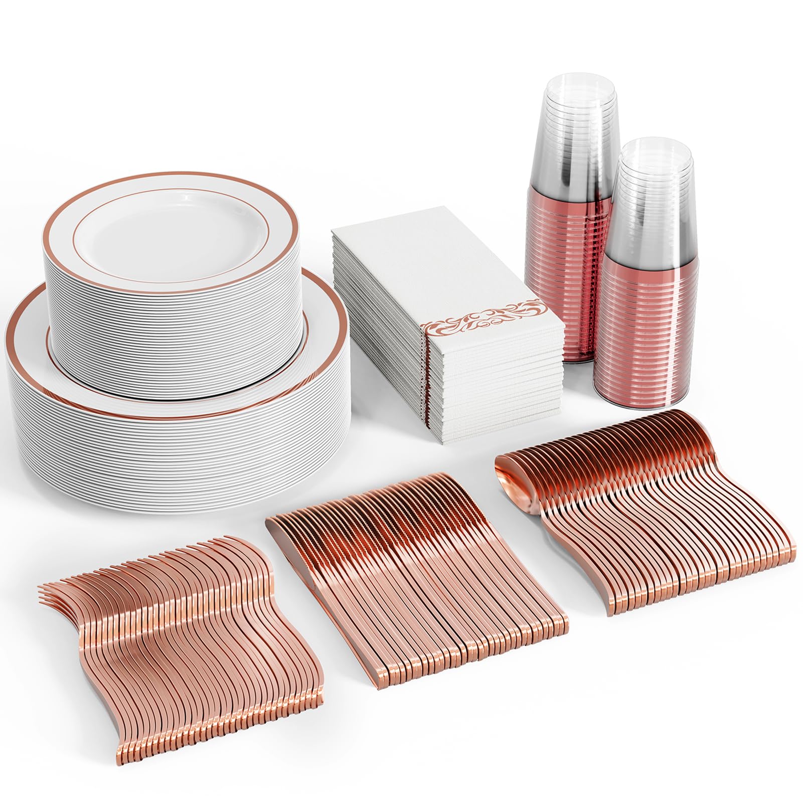 FOCUSLINE 350-Piece Rose Gold Dinnerware Set for 50 Guests - Heavy Duty Disposable Plastic Plates with White & Rose Gold Rim - Includes 50 Dinner Plates, 50 Dessert Plates, 50 Cups, 50 Napkins & 50-Piece Silverware Set - Perfect for Weddings, Parties, Catering & Special Events