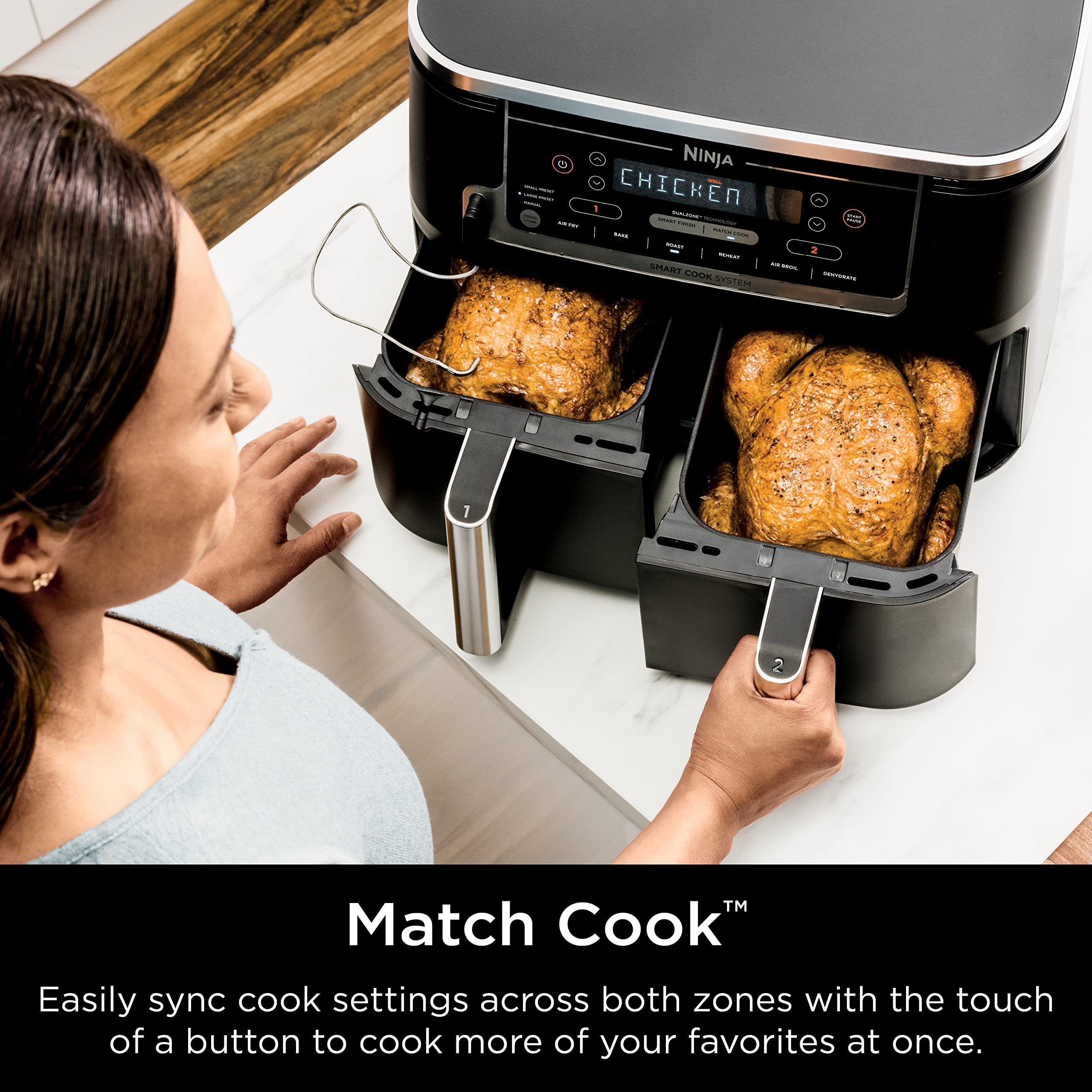 Ninja DZ550 Foodi 10 Quart 6-in-1 DualZone Smart XL Air Fryer with 2 Independent Baskets - Smart Cook Thermometer, Match Cook & Smart Finish - Roast, Dehydrate, Bake, Air Fry - Perfect for Family Dinners, Meal Prep & Healthy Cooking - Grey