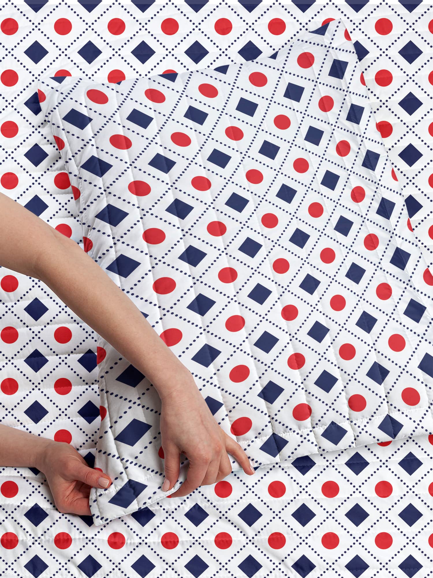 Ambesonne Abstract Microfiber Bedspread Set - Red Dots & Geometric Tile Print Bedding | Twin Size Navy Blue White Red | Soft Comforter with Pillow Sham | Perfect for Modern Bedrooms & Guest Rooms