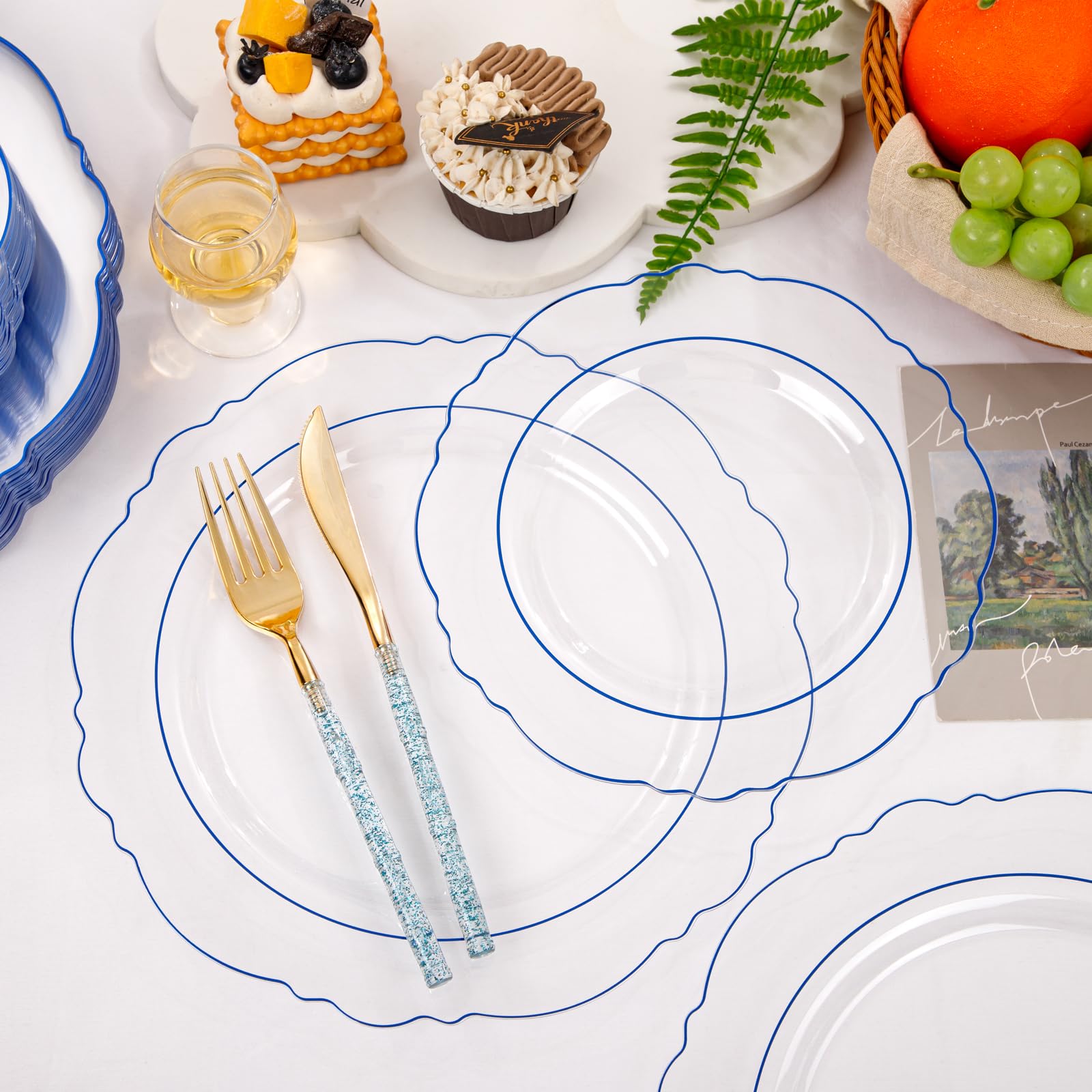 Liacere 150-Piece Clear Blue Plastic Plates Set with Glitter Bamboo Cutlery - Elegant Baroque Disposable Plates (60) & Utensils (30 Forks, 30 Spoons, 30 Knives) for Wedding, Party, Picnic, Summer BBQ and Outdoor Events