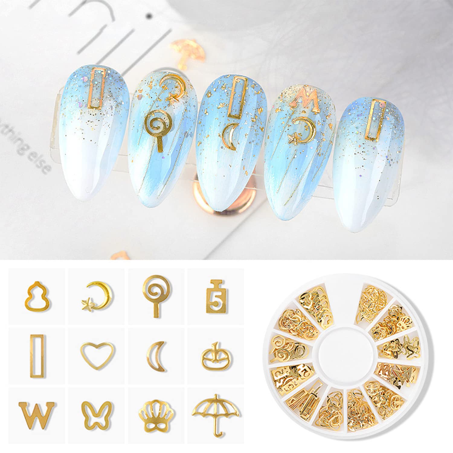 DANNEASY 6 Boxes Gold Nail Charms for Acrylic Nails - Metal Hollow Nail Studs with Heart, Moon, Star & Cross Designs - 3D Nail Art Jewels for DIY Manicure & Nail Decoration - Perfect for Parties, Weddings & Salon Use