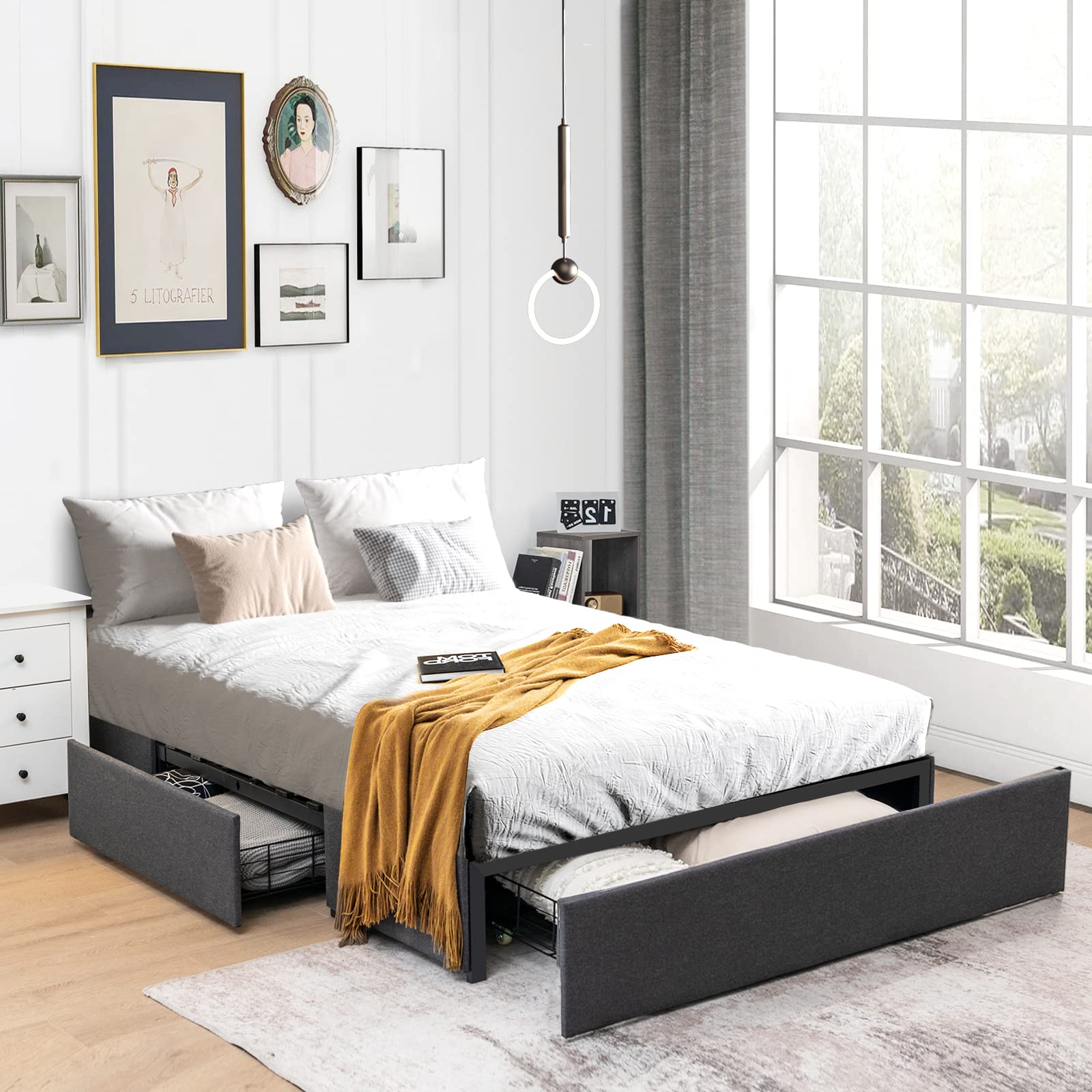 GOFLAME Full Size Platform Bed Frame with 3 Storage Drawers - Upholstered Wooden Slatted Bed, Modern Mattress Foundation with Faux Linen Fabric - No Box Spring Needed, Noise Free, Headboard-Free Design - Perfect for Small Bedrooms, Guest Rooms & Modern Apartments