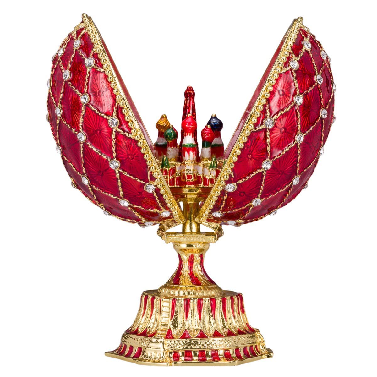 Danila-Souvenirs Faberge Style Egg with Saint Basil Cathedral Figurine - 4.8 Inch (12 cm) Handcrafted Red Russian Collectible - Perfect for Home Decor, Gift Giving & Holiday Display