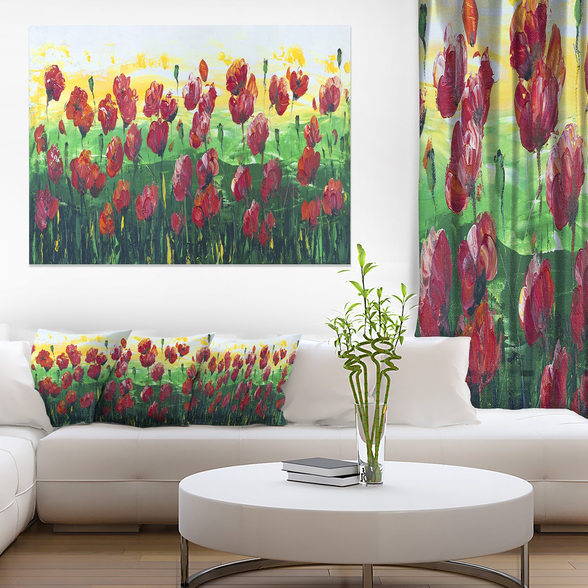 Wild Red Poppies Field Panorama Canvas Wall Art - Modern Landscape Painting for Living Room, Bedroom & Office Decor