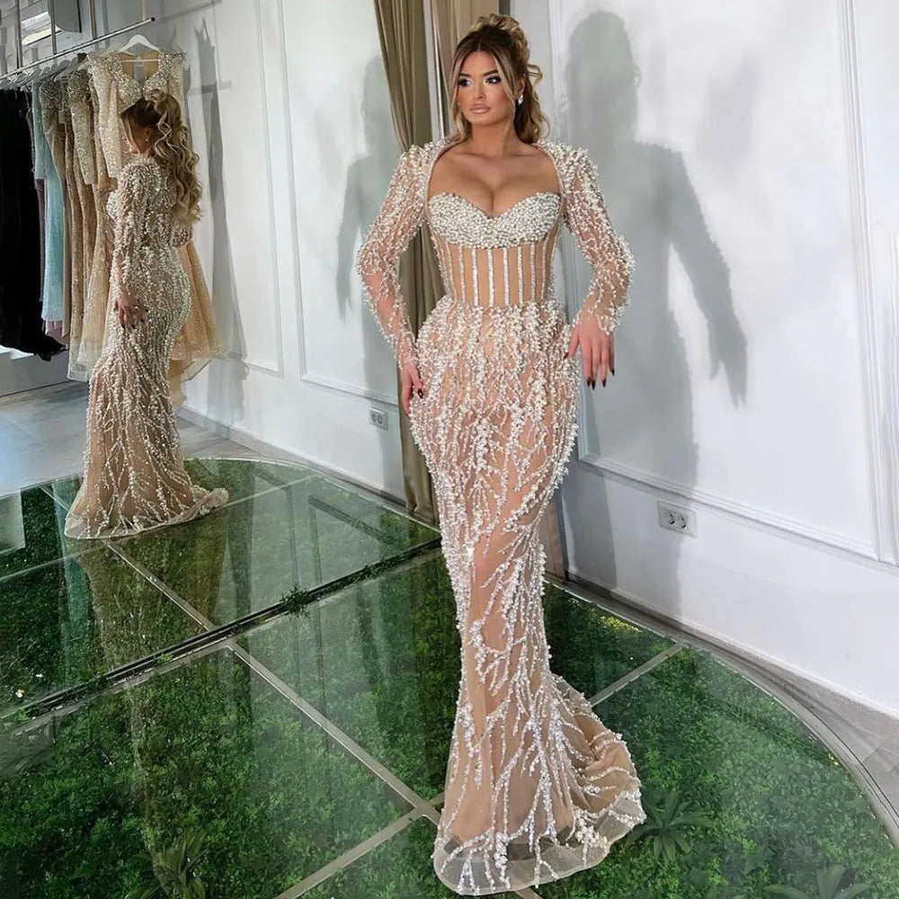 Luxury Dubai Pearls Beaded Elegant Arabic Mermaid Evening Dress for Women - Wedding, Party, Gala & Special Occasions | Serene Hill LA72361