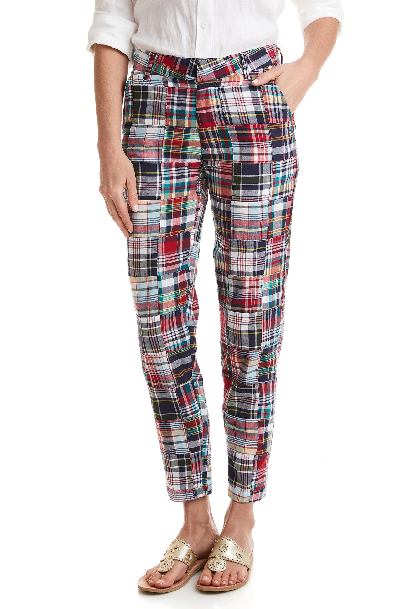 Women's Ankle-Length Capri Pants with Sconset Patch Madras Print - Perfect for Summer Outings, Beach Vacations & Casual Wear