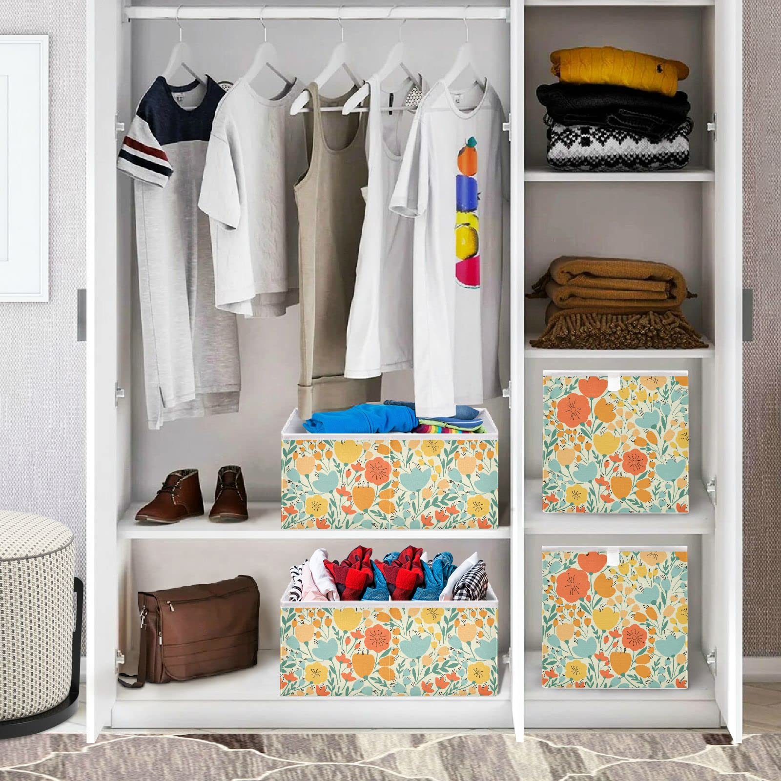 Foldable Collapsible Storage Baskets with Yellow Pink Flowers - 11 x 11 Inch Fabric Cube Bins for Pantry, Nursery, Closet & Home Organization | Perfect for Toys, Shelves & Space-Saving Storage