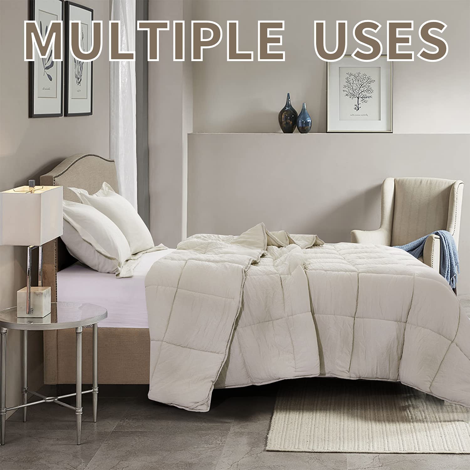 3-Piece All-Season Down Alternative Quilted Comforter Set with Corner Tabs - Super Soft Fiberfill Duvet Insert - Box Stitched Farmhouse Style Bedding for Twin & Twin XL - Prewashed Light Khaki - Perfect for Cozy Bedrooms & Guest Rooms
