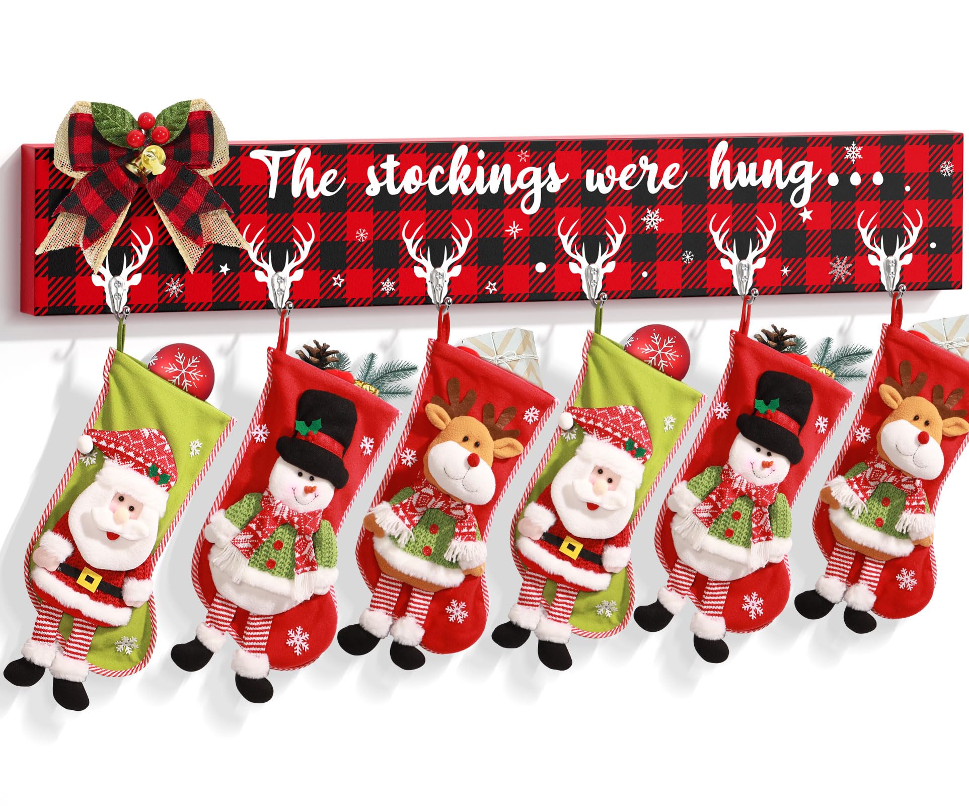 Buffalo Plaid Christmas Stocking Holder Set - 6 Collapsible Wall Hanging Hooks for Fireplace Mantel Decor (28.4 Inch) - Perfect for Holiday Home Decor & Christmas Stocking Display