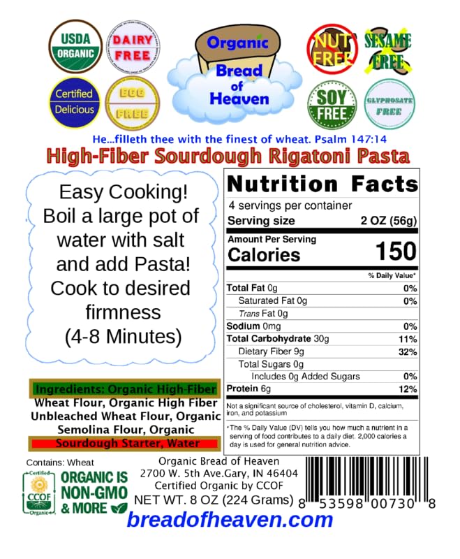 Organic Bread of Heaven High-Fiber Sourdough Rigatoni Pasta - 2 Pack | USDA Certified Organic | Perfect for Healthy Meals & Italian Cuisine