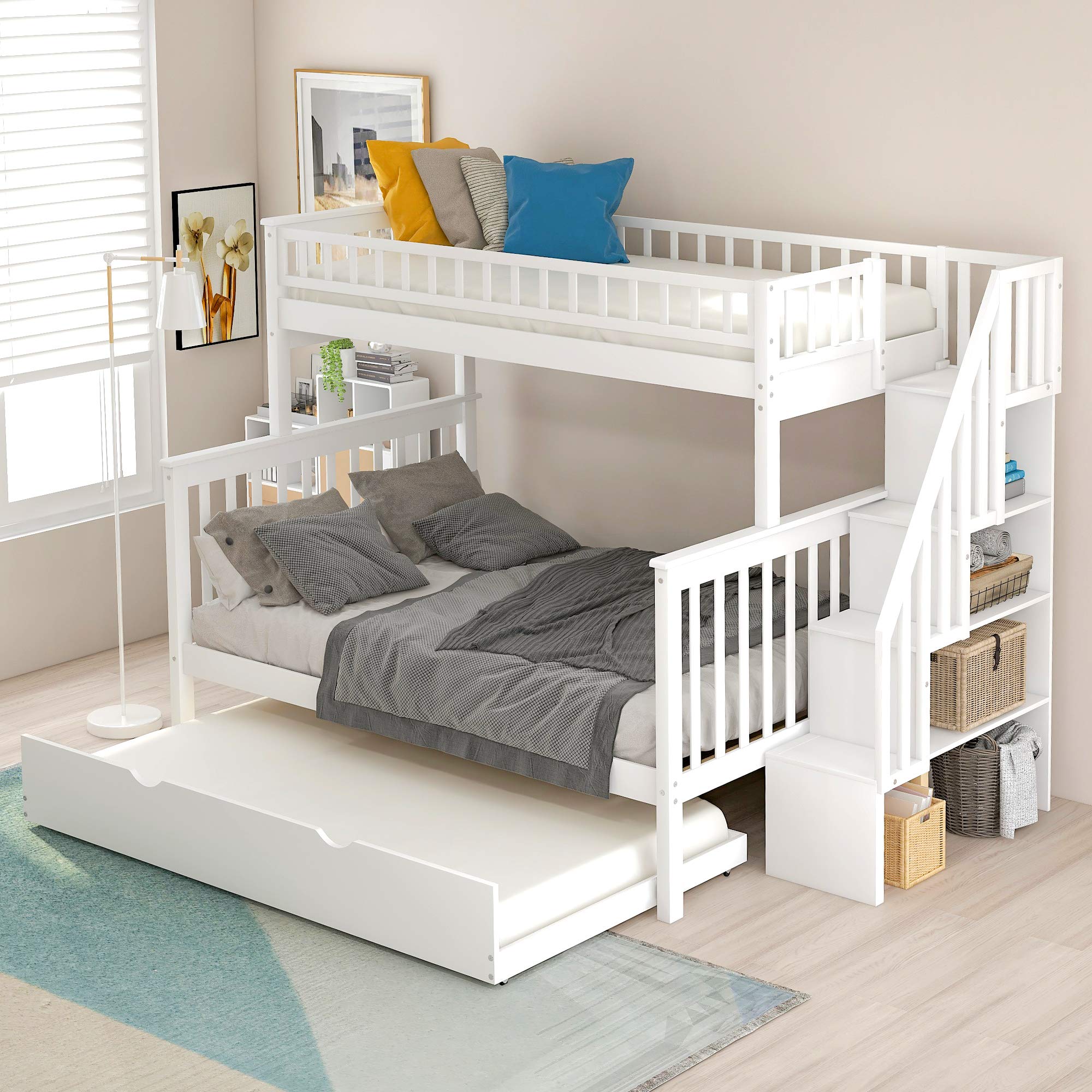 Twin Over Full Bunk Bed with Trundle & Storage - Solid Wood Bunk Bed Frame with Guardrails & Stairs for Kids, Teens & Adults - Space-Saving Bedroom Solution for Shared Rooms, Guest Rooms & Small Spaces (White, No Box Spring Needed)