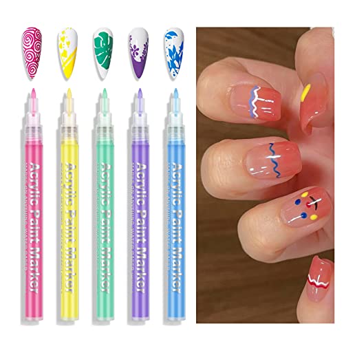 KYDA 5 Colors Nail Art Paint Pen Set - Quick Dry Fine Tip Nail Polish Pens for DIY Dot Line Flower Designs, One-Step Nail Drawing & Graffiti - Perfect for Home Manicures, Salon Nail Art & Gift Giving