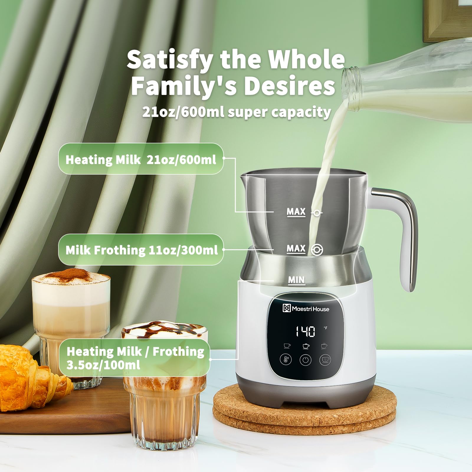 Maestri House 21OZ Smart Milk Frother and Steamer - Variable Temperature & Froth Thickness, Touch Control Milk Warmer with Memory Function for Latte, Cappuccino, Hot Chocolate - Dishwasher Safe - Perfect for Home Coffee Bars, Breakfast Nooks, and Office Break Rooms