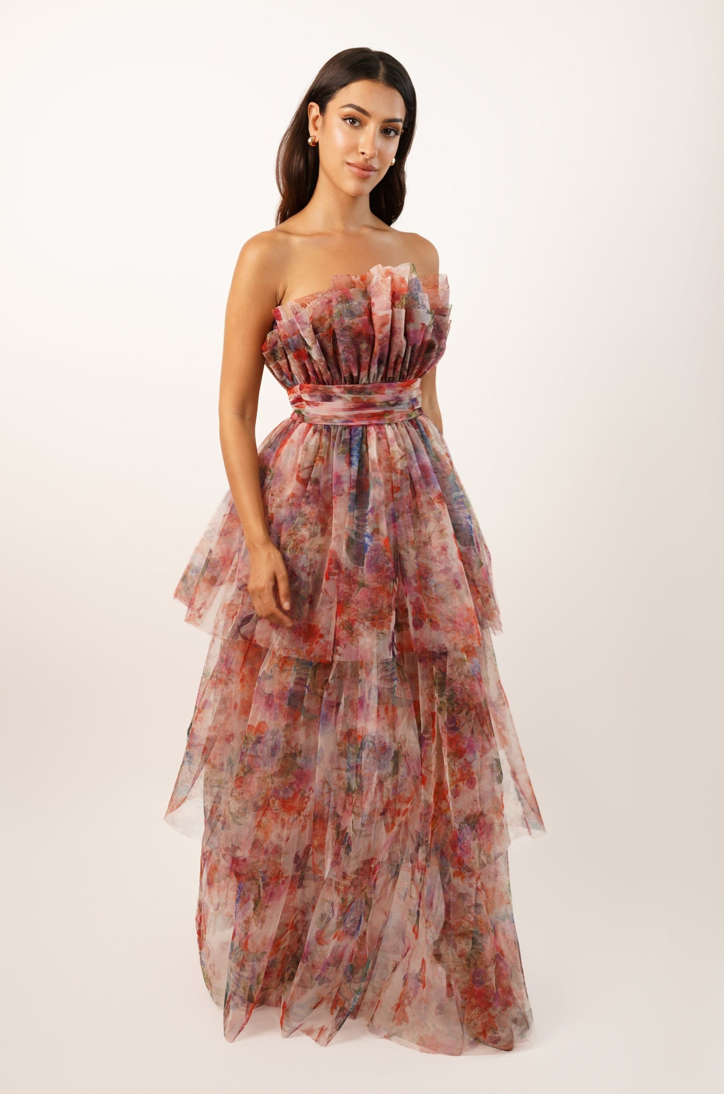 Natalia Tulle Maxi Dress - Floral Print Elegant Evening Gown for Women | Perfect for Weddings, Parties & Special Occasions
