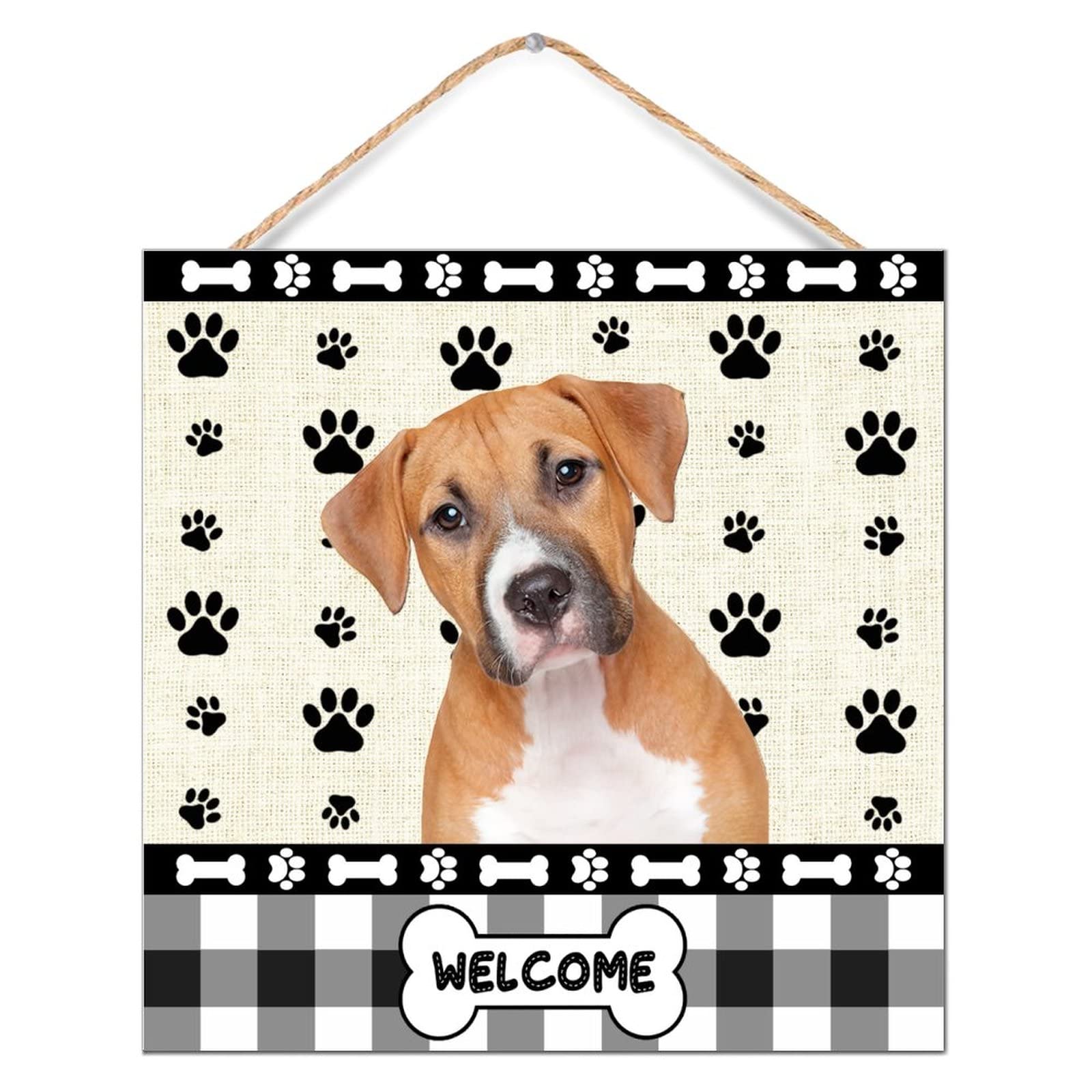 12x12 Inch Rustic Wood Signs - Boxer Dog Paw Welcome Farmhouse Wall Art Hanging Plaque for Door, Kitchen, Dining Room | Handmade Wooden Home Decor for Country House, Cabin & Pet Lovers