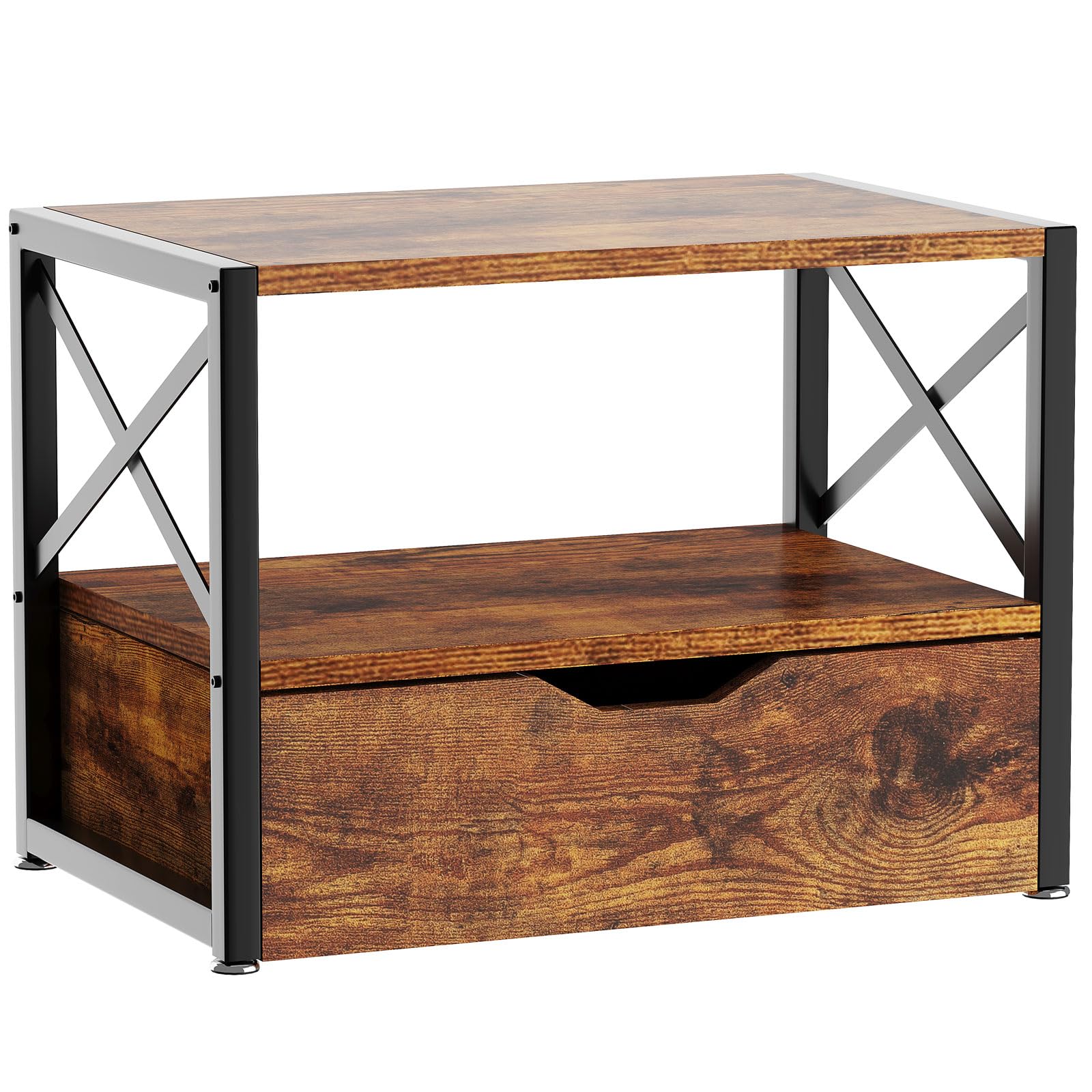 IBUYKE 2-Tier Wooden Desktop Printer Stand with Storage Drawer - Multi-Purpose Desk Organizer for Fax Machine, Scanner, Books & Folders - Rustic Brown Home Office Furniture for Workspace Organization (UTLJ006H)