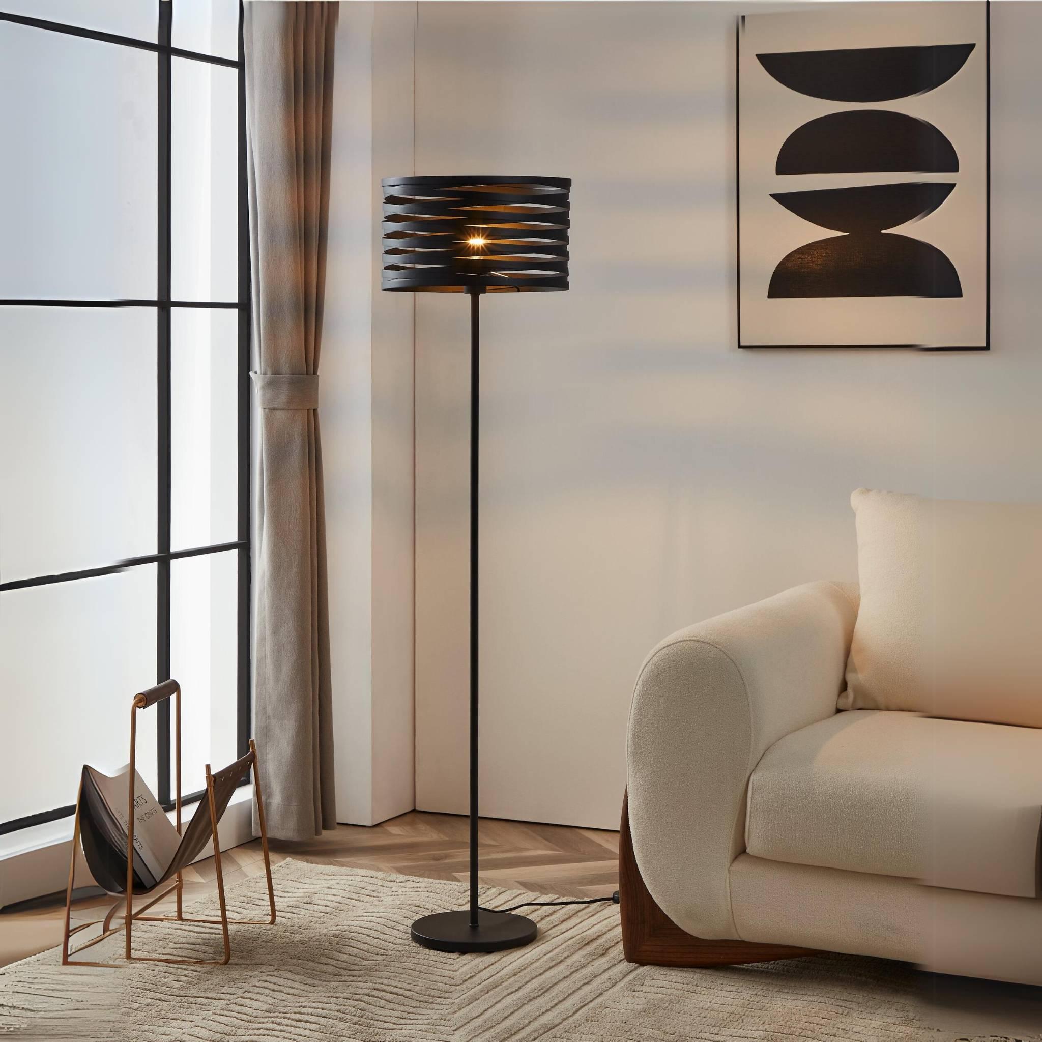 Eglo Cremella Black Steel Shaded Floor Lamp - Modern LED Standing Light for Living Room, Bedroom & Office - Adjustable Height Reading Lamp with Fabric Shade
