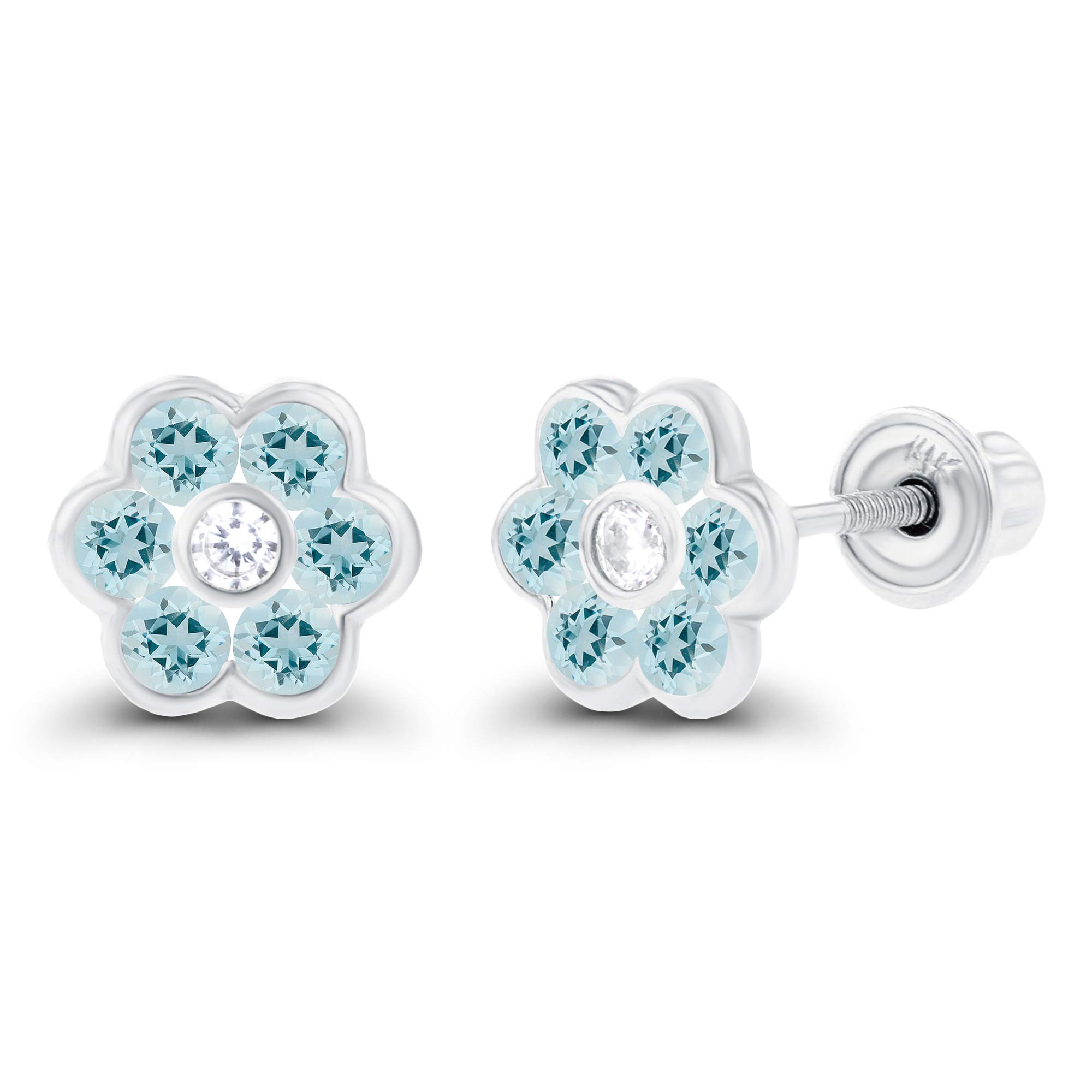 14K Solid Gold 6mm Natural Birthstone Screwback Stud Earrings for Women | 1.75mm Genuine Birthstone | 1.25mm Created White Sapphire Halo Earrings | Perfect for Birthdays, Anniversaries & Everyday Elegance