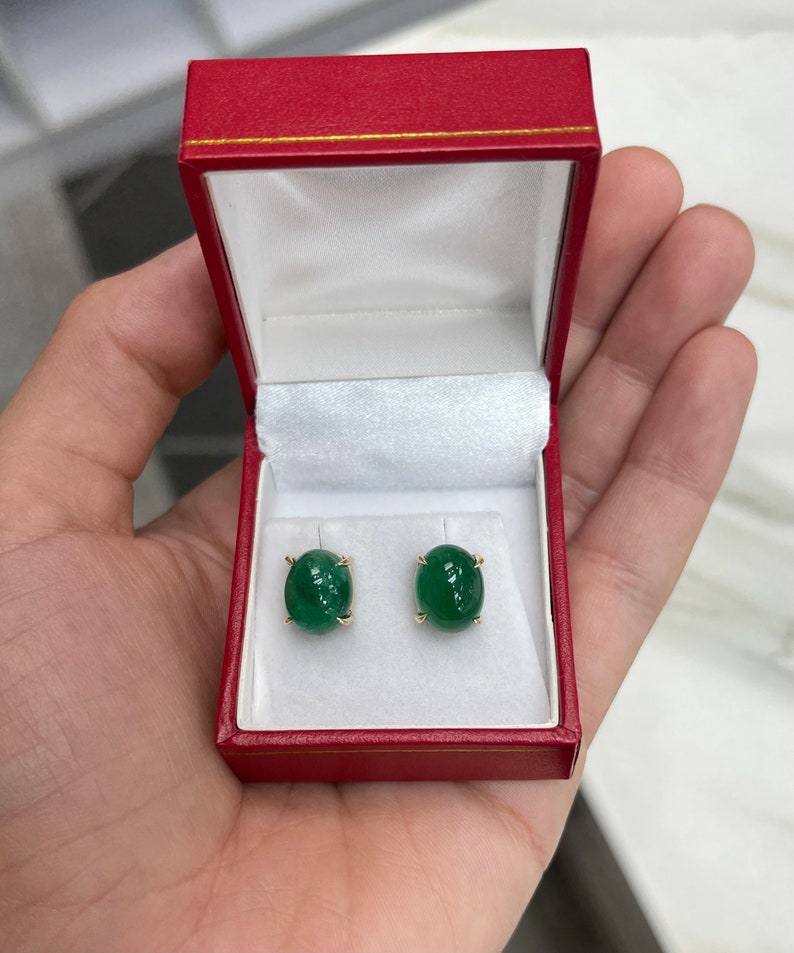 10.90tcw Dark Forest Green Emerald Cabochon Oval Cut 14K Gold Earrings for Women – Elegant Jewelry Gift for Wedding, Party & Special Occasions