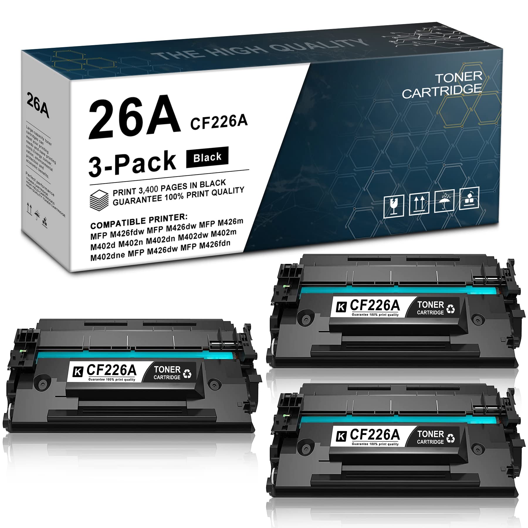 3-Pack Black Toner Cartridge Replacement for HP 26A/CF226A - Compatible with HP M402d/M402n/M402dn/M402dw/M402m/M402dne/M426dw/MFP M426fdn/M426fdw/M426m/M427dw Printers | High-Quality Printing for Office & Home Use | Sold by POTONER