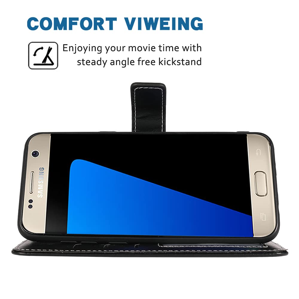 Samsung Galaxy S7 Wallet Case with Wrist Strap & Card Holder - Leather Flip Cover Stand Case for Galaxy S7/S7 Edge (SM-G930V/G930A) - Perfect for Work, Travel & Everyday Use (Black)
