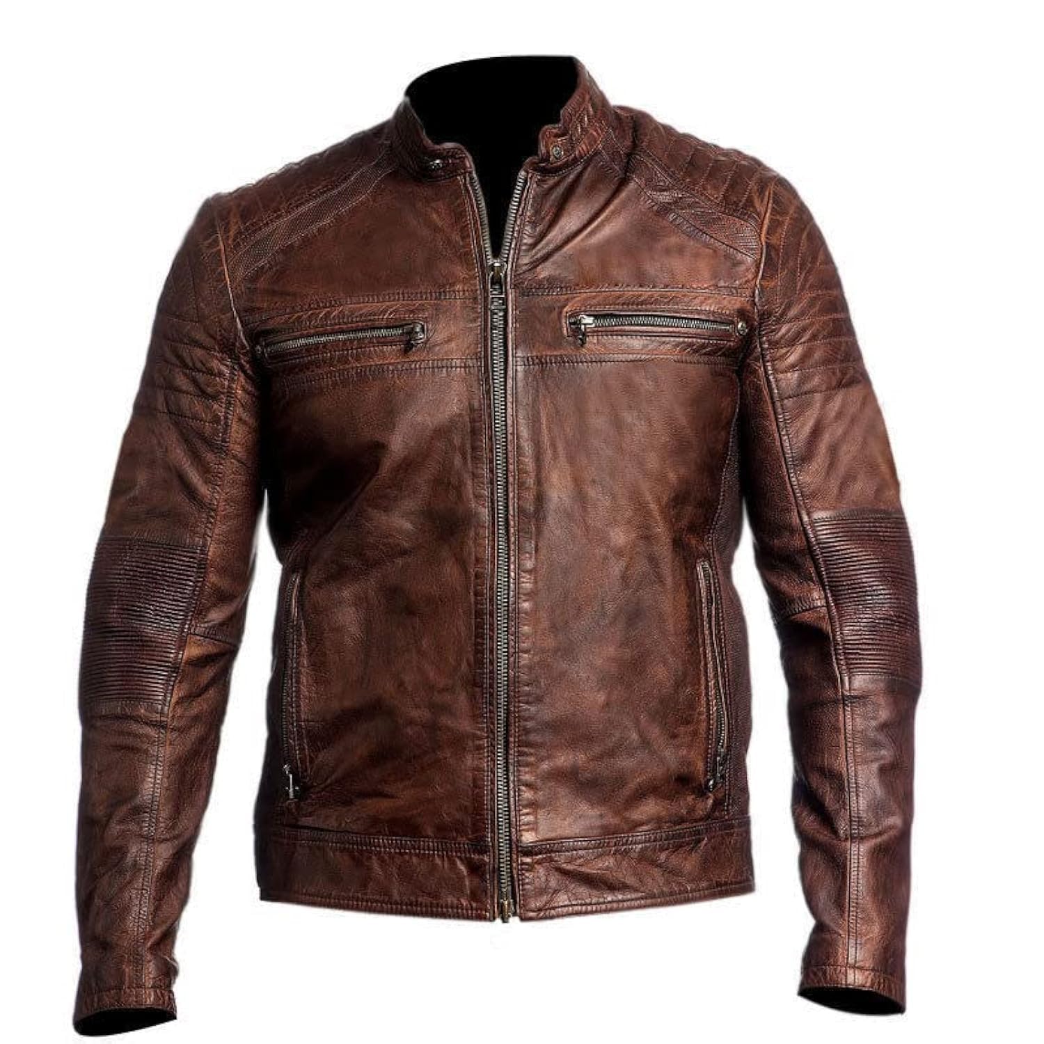 DECIMAL Men's Black & Brown Genuine Lambskin Leather Biker Jacket - Vintage Motorcycle Jacket for Men - Perfect for Riding, Casual Wear & Outdoor Adventures