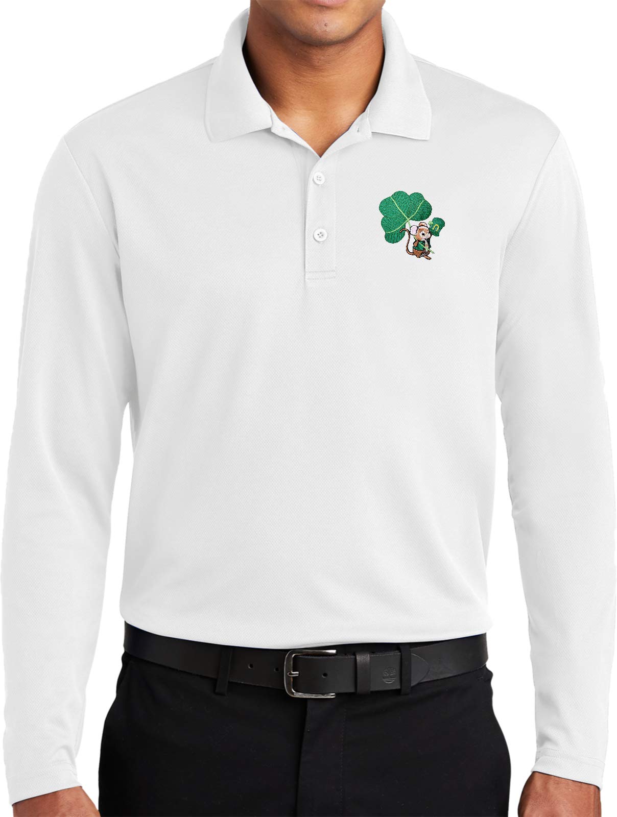 St. Patrick's Day Lucky Irish Mouse Patch Pocket Print Long Sleeve Polo Shirt - Perfect for Irish Themed Parties, Pub Crawls & March Festivities