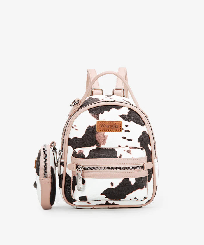 Wrangler Cow Print Mini Backpack for Women - Trendy Western Style Small Purse for Travel, School & Daily Use