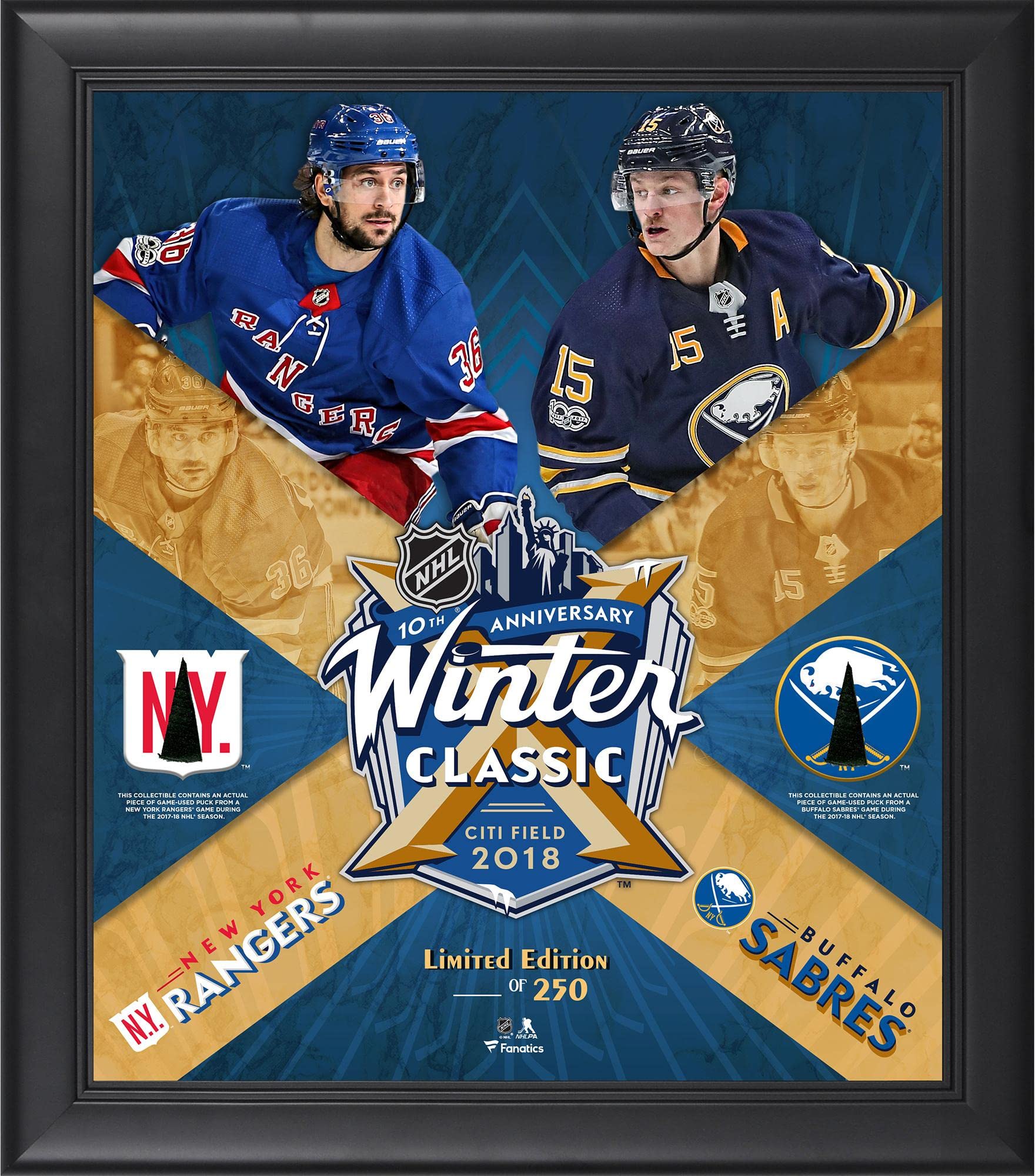 2018 NHL Winter Classic New York Rangers vs Buffalo Sabres Framed 15x17 Game-Used Puck Collage - Limited Edition 250 - Authentic NHL Memorabilia for Sports Fans & Man Cave Decor