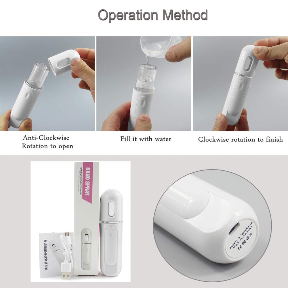 Portable Nano Facial Mister - Mini Cool Mist Steamer for Hydrating & Moisturizing Skin Care | Perfect for Makeup Setting, Pore Cleaning, Eyelash Extensions & Summer Cooling | Travel-Friendly Face Sprayer (White)
