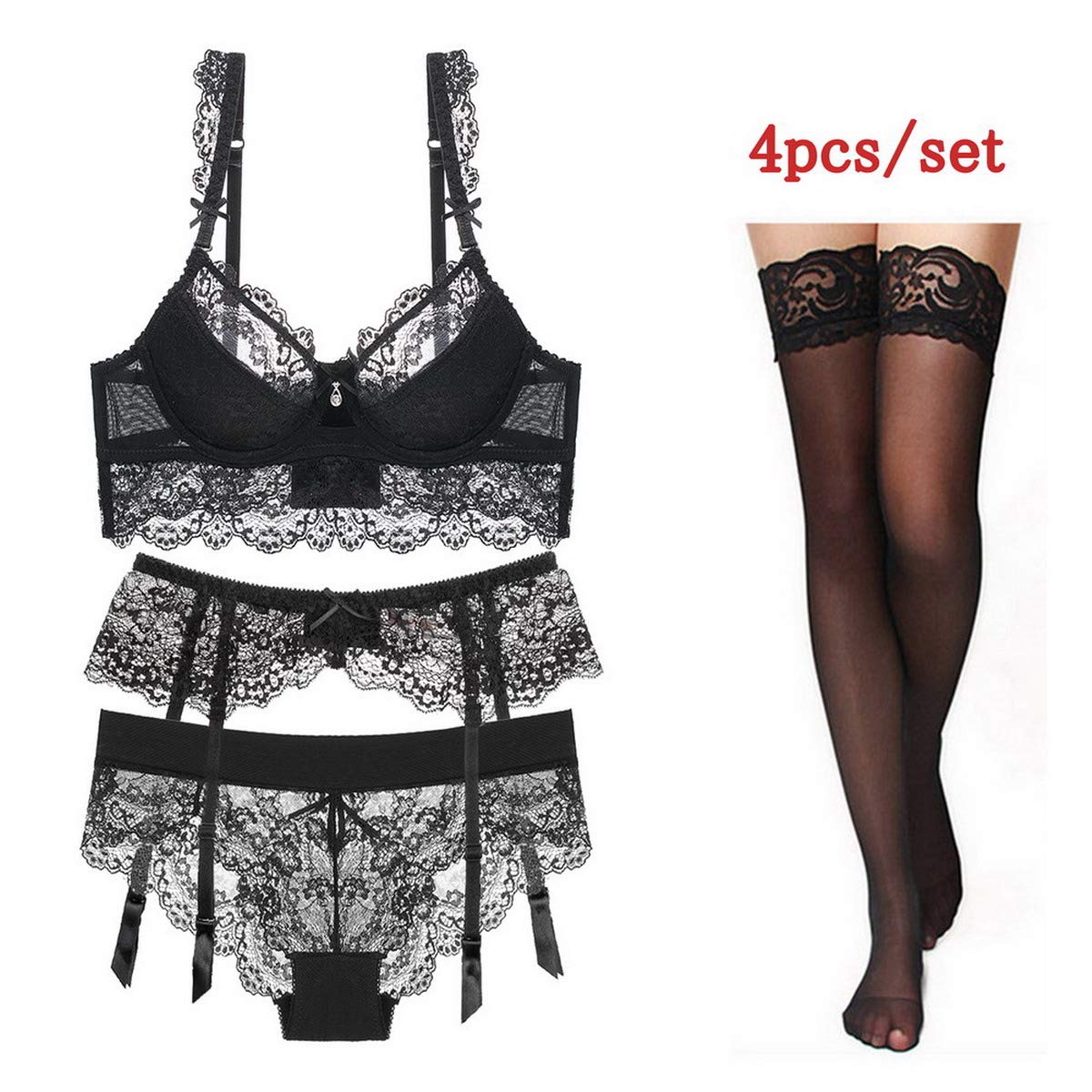 Bluewhalebaby Sexy Push Up Lace Bra & Panty Set with Optional Garter Belt - Comfortable Padded Lingerie for Women | Perfect for Valentine's Day, Honeymoon & Special Occasions