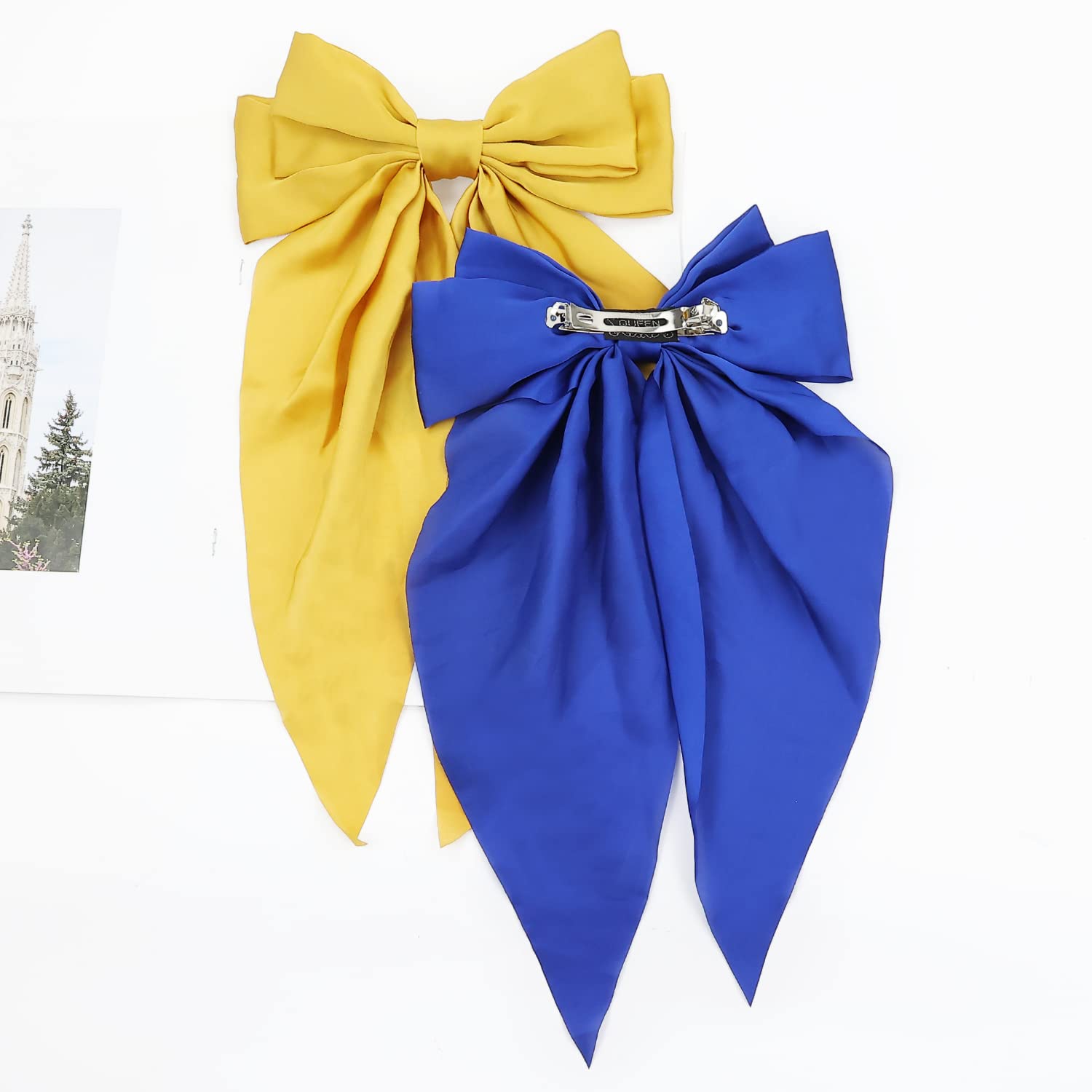 6 Pack Oversized Satin Hair Bows for Women - Large Bow Hair Clips with Long Silky Ribbon Tails - Elegant French Barrette Ponytail Holder for Parties, Weddings & Daily Hair Accessories