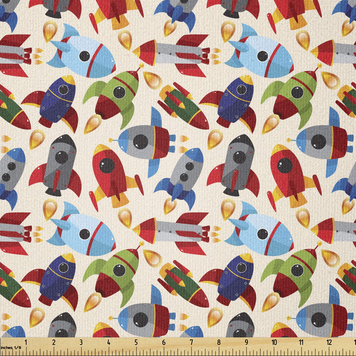 Ambesonne Space Fabric by The Yard - Cartoon Spaceship & Cosmic Travel Pattern, Stretch Knit Fabric for DIY Clothing, Sewing & Arts Crafts (10 Yards, Red Beige) - Perfect for Sci-Fi Costumes, Space-Themed Decor & Creative Projects