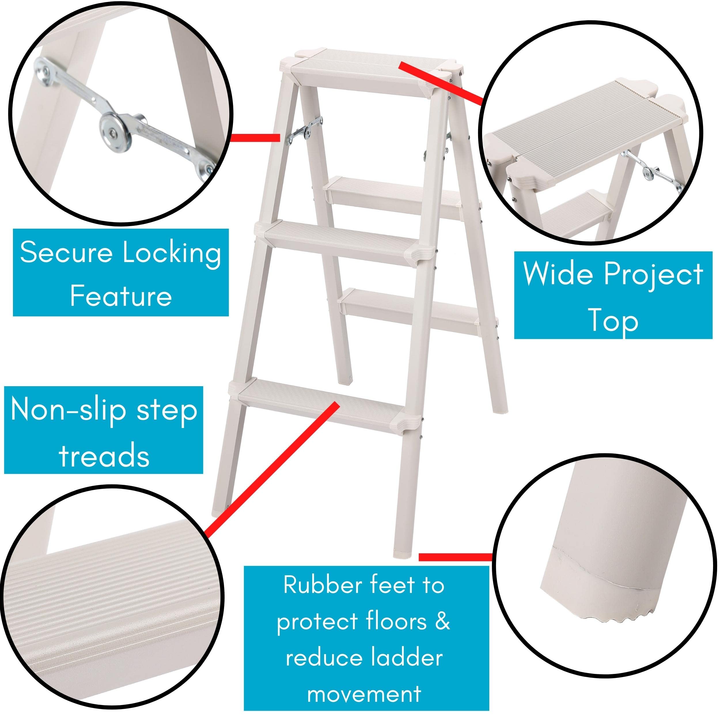 BIRDROCK HOME 3-Step Compact Steel Step Ladder - Lightweight Folding Stool with Anti-Slip Steps - Perfect for Kitchen, Pantry, Closet & Home Office - Indoor Step Stool in Silver (3-Step) - Ideal for Reaching High Shelves, Changing Light Bulbs & Home Organization