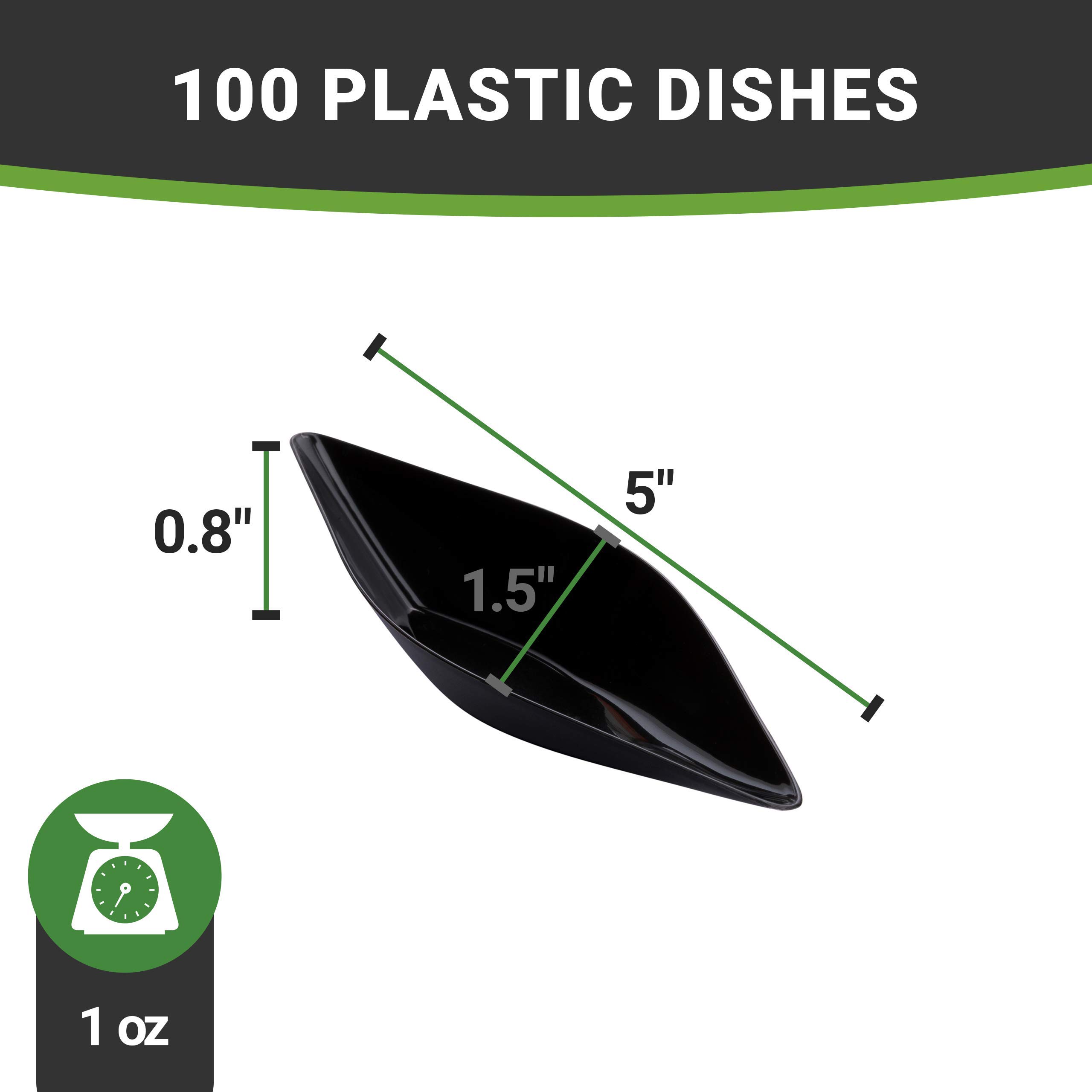 Restaurantware 1 oz Disposable Dipping Sauce Bowls - 100-Pack Black Plastic Canoe-Shaped Small Dishes for Sauces, Appetizers, Desserts & Samples | Perfect for Restaurants, Catering, Parties & Food Sampling