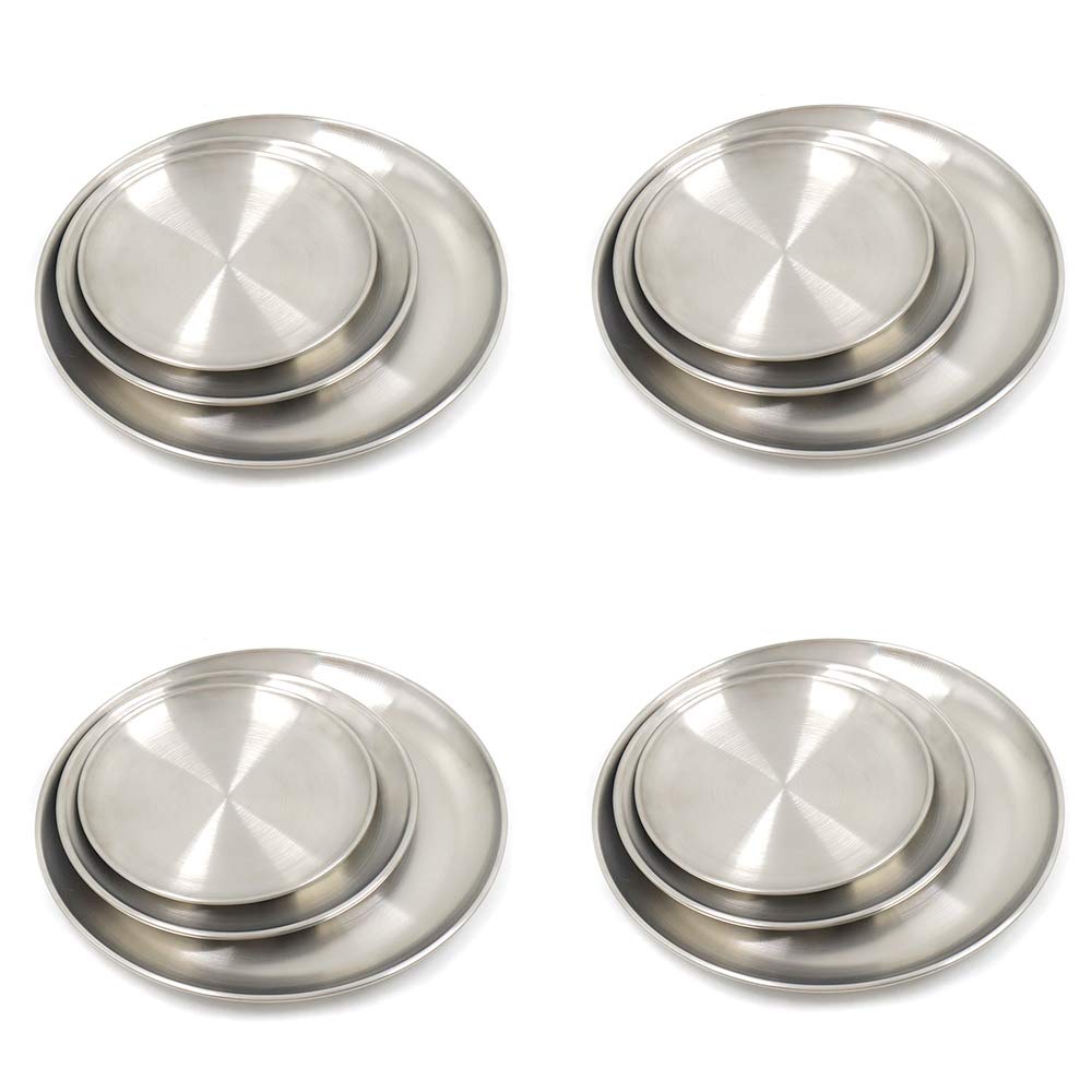 12 Pack Stainless Steel Plates - Reusable Brushed Metal Dinner Plates for Picnic, BBQ, Steak & Outdoor Dining - Durable Silver Dishes for Camping, Parties & Restaurant Use