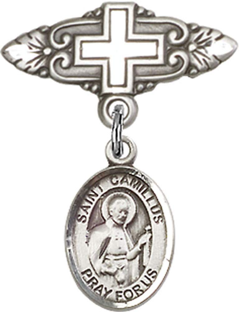 Sterling Silver Baby Badge with St. Camillus of Lellis Charm & Cross Pin - Religious Jewelry for Christening, Baptism & First Communion Gifts - Handmade in USA