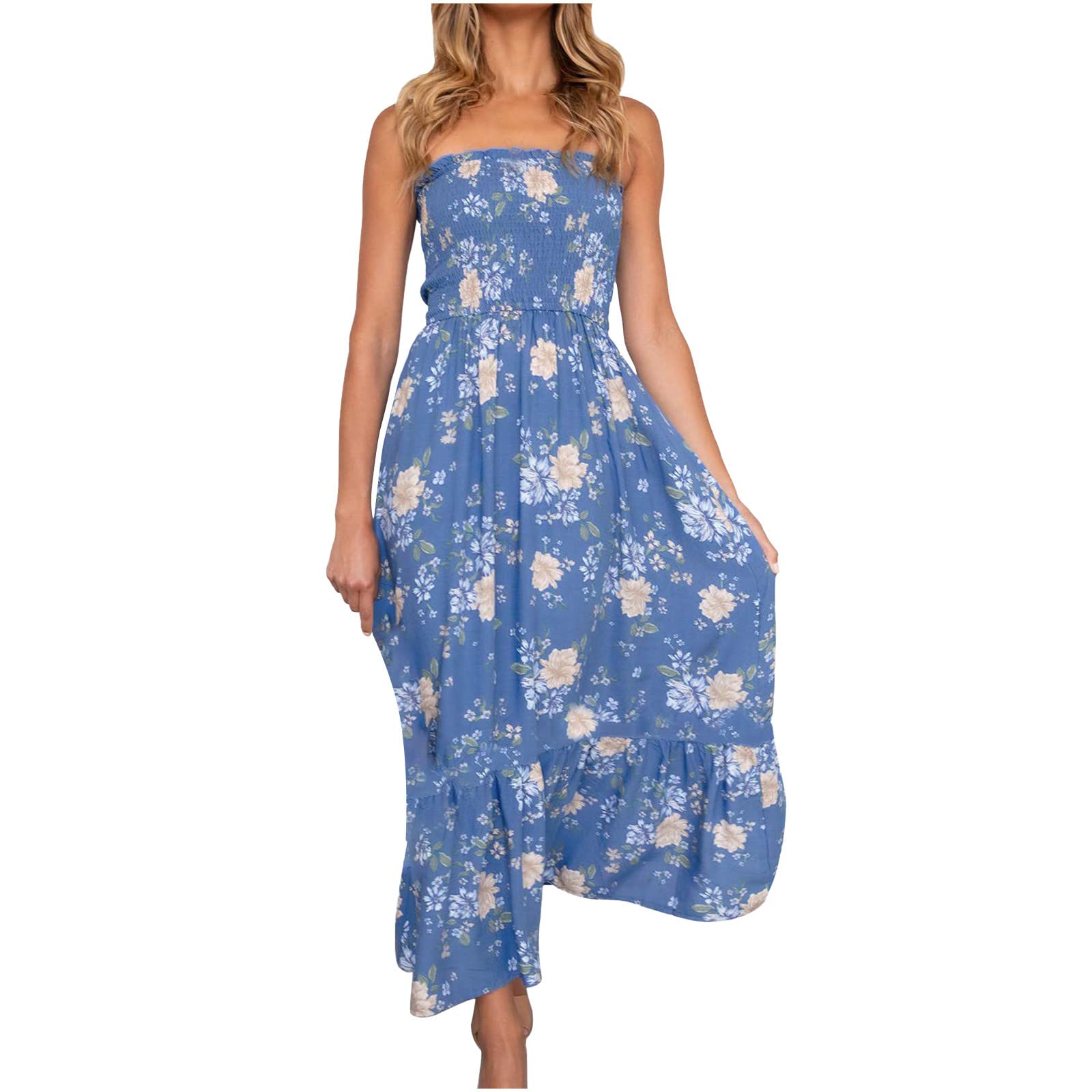 Strapless Boho Floral Print Maxi Dress for Women - Tiered Swing Beach Dress with Flowy Design | Perfect for Summer Vacations, Beach Parties & Casual Outings