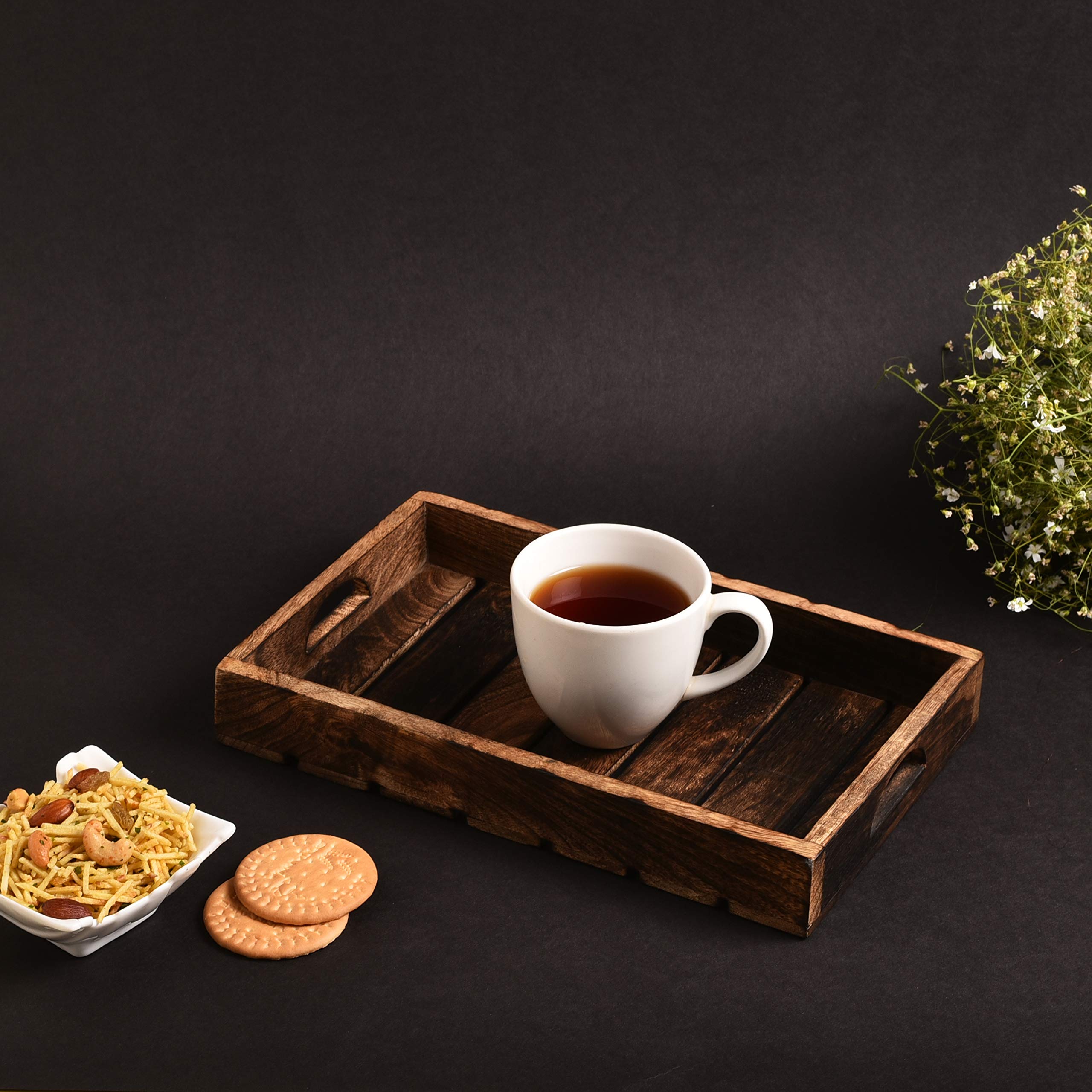 Artsio Handmade Wooden Rectangular Serving Tray - Rustic Farmhouse Decorative Ottoman Tray for Breakfast in Bed, Cheese Platter, Tea, Coffee & Cocktails | Perfect for Kitchen, Dining & Bar Use